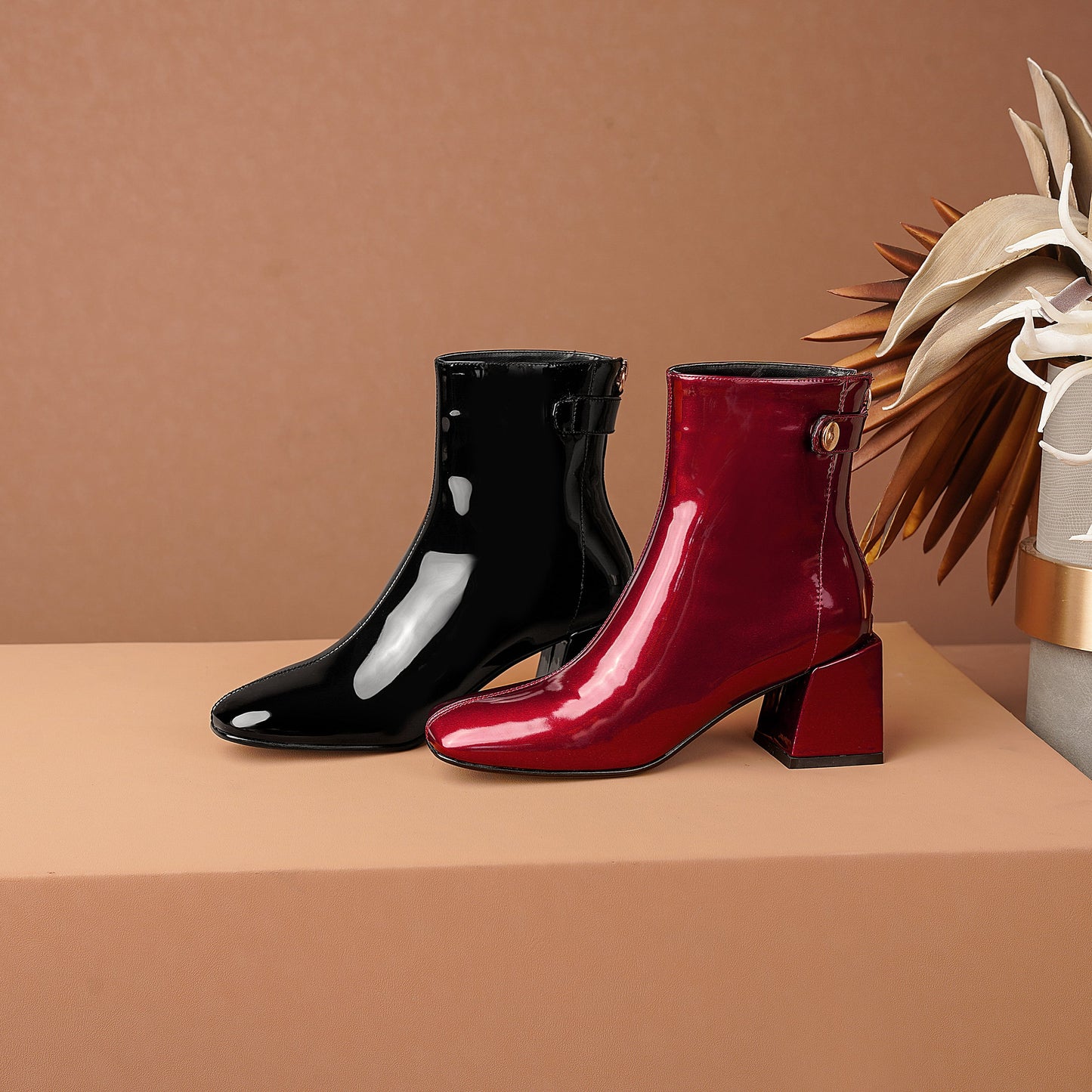 Nine Seven Women's Patent Leather Square Toe Handmade Mid Chunky Heels Back Zipper Trendy Ankle Boots