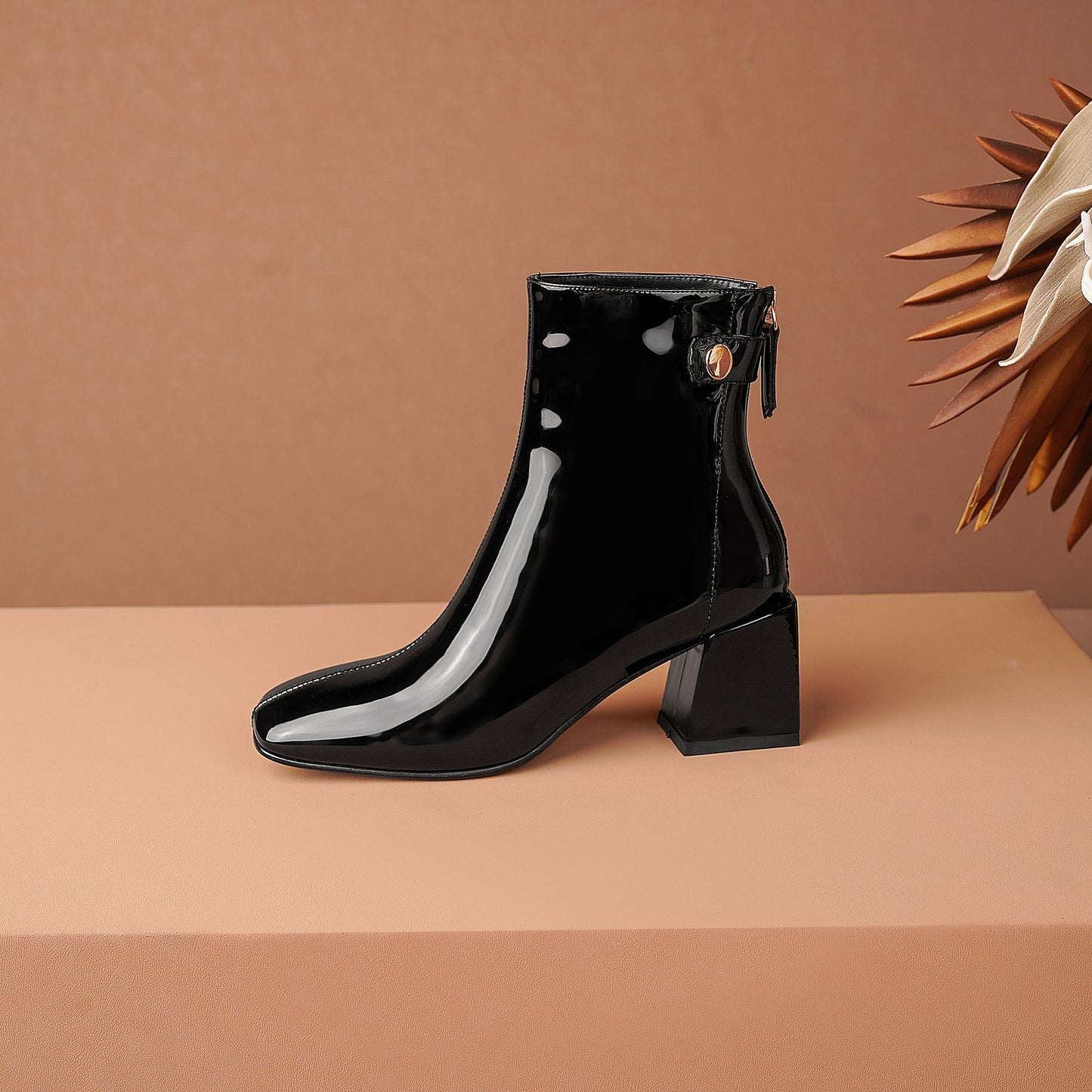 Nine Seven Women's Patent Leather Square Toe Handmade Mid Chunky Heels Back Zipper Trendy Ankle Boots