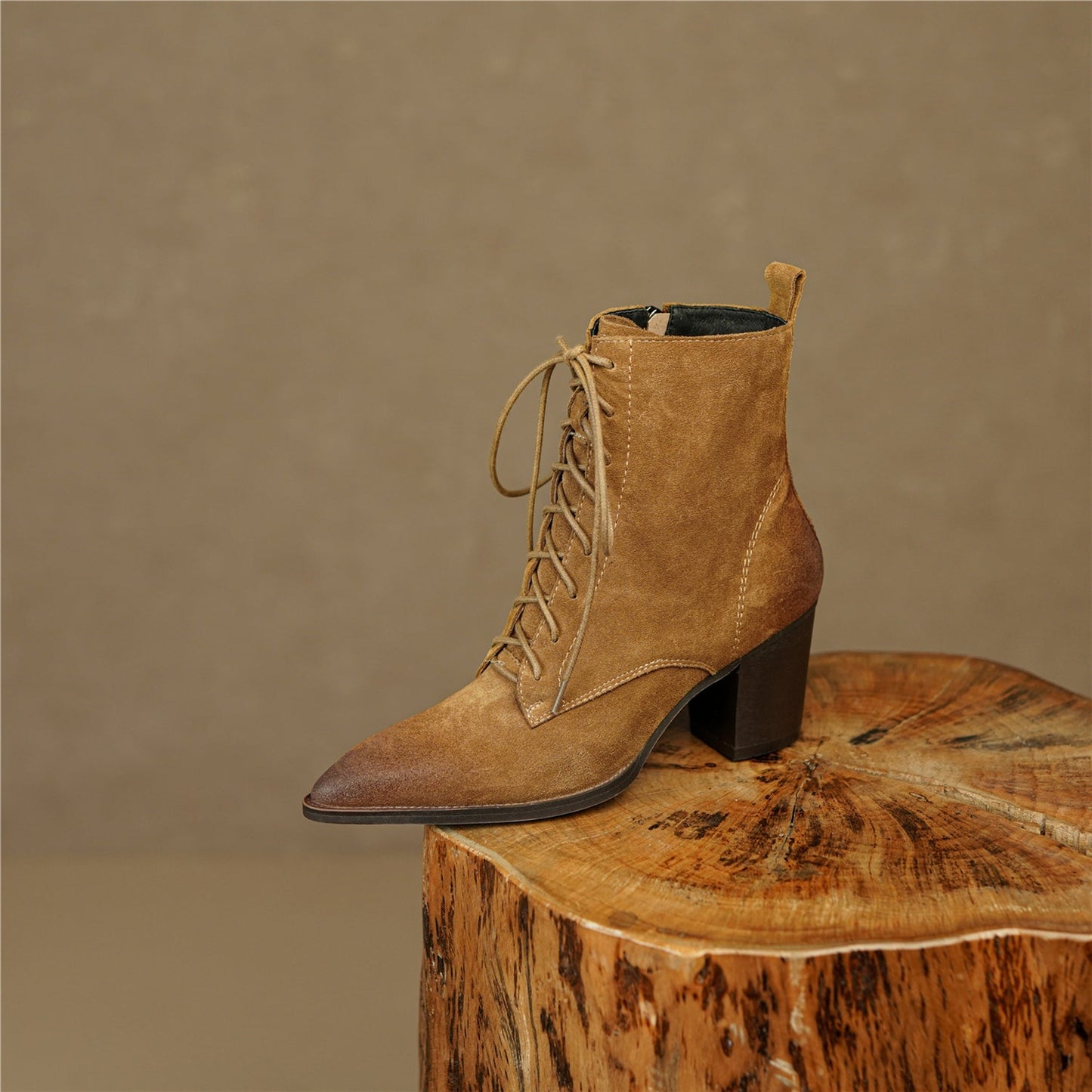 Nine Seven Handmade Women's Suede Leather Lace Up Pointed Toe Mid Chunky Heel Combat Boots Boots