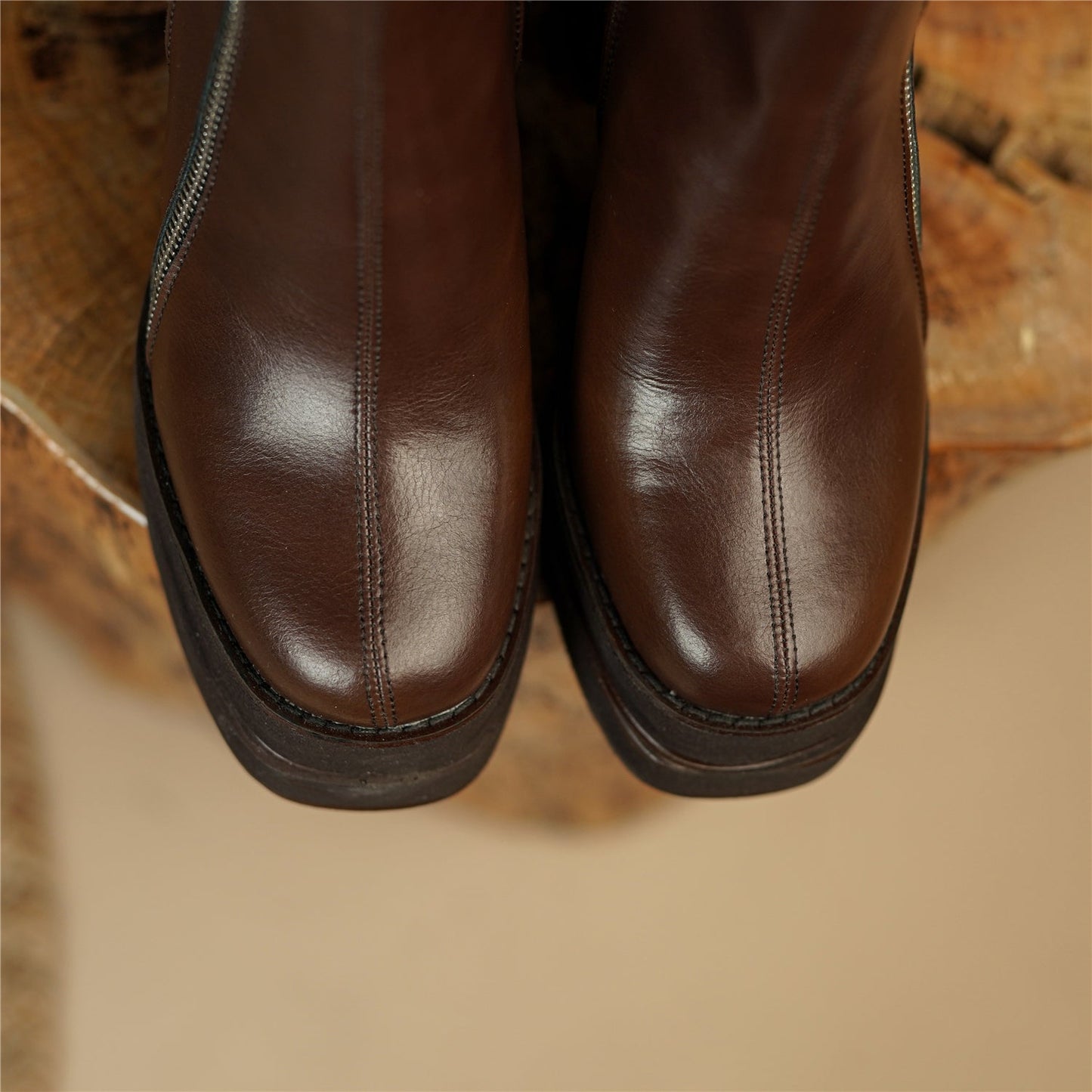 Nine Seven Handmade Women's Genuine Leather Stylish Side Zipper Platform Square Toe Mid High Heel Ankle Boots Shoes