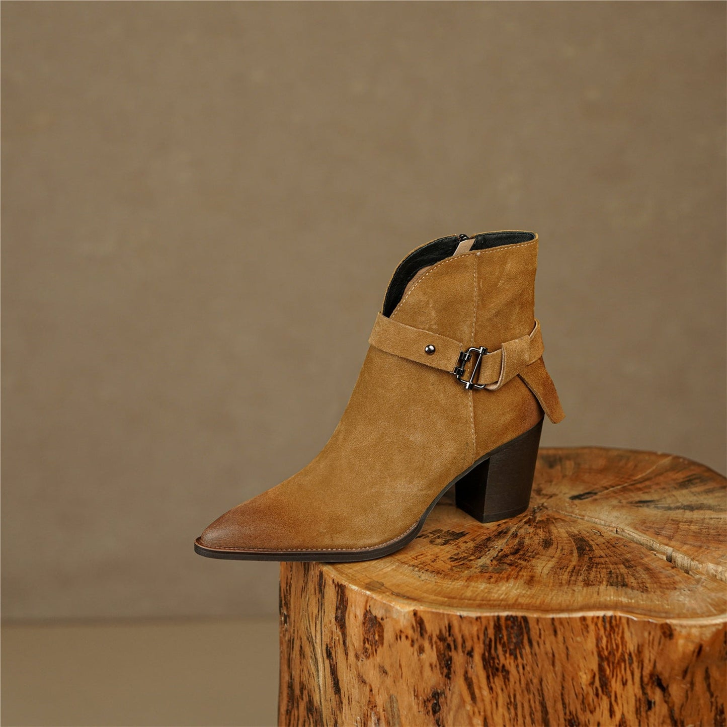 Nine Seven Handmade Women's Suede Leather Metal Buckle Pointed Toe Mid Chunky Heel Side Zipper Ankle Boots