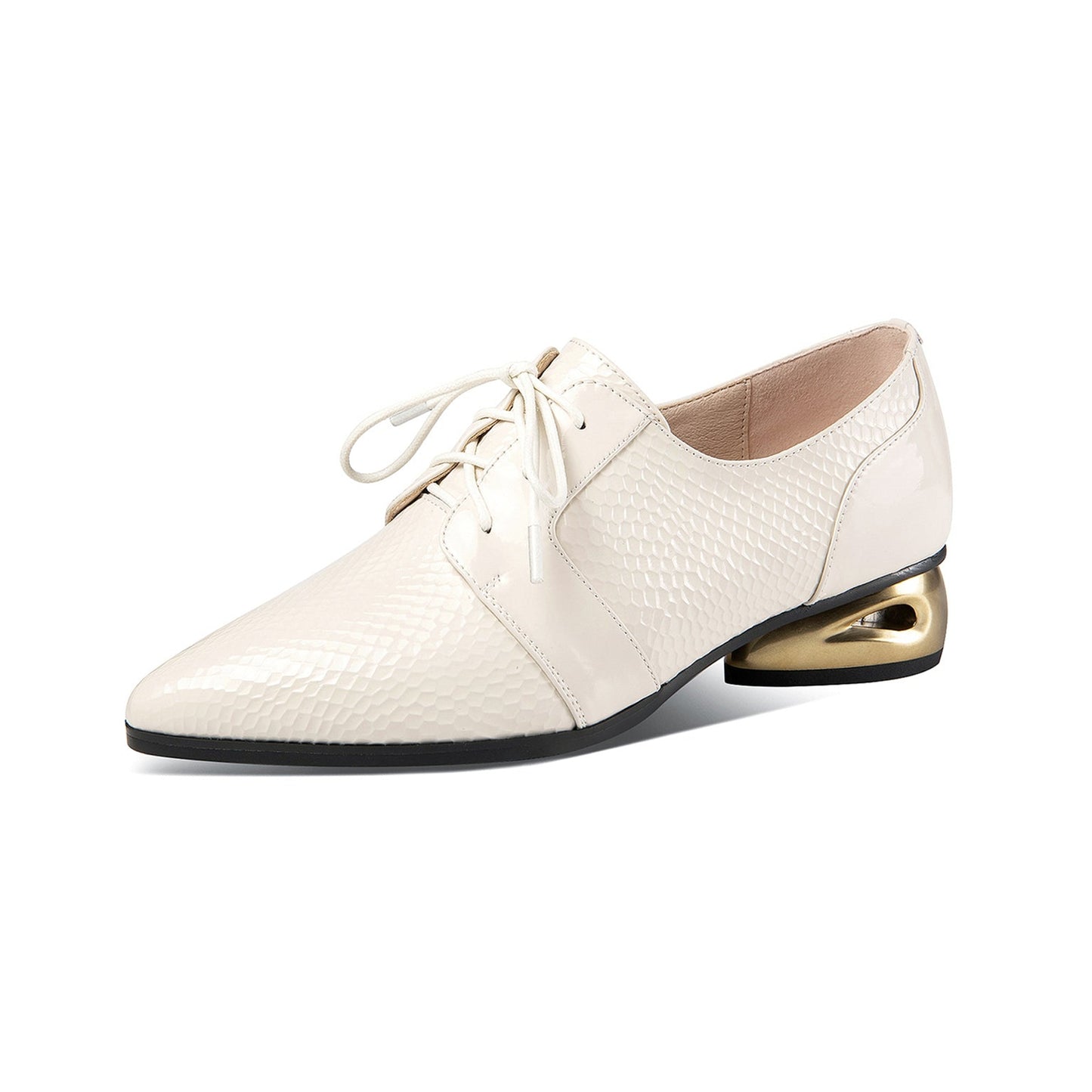 Nine Seven Women's Patent Leather Handmade Pointed Toe Low Golden Chunky Heel Lace Up Scale Classic Pumps