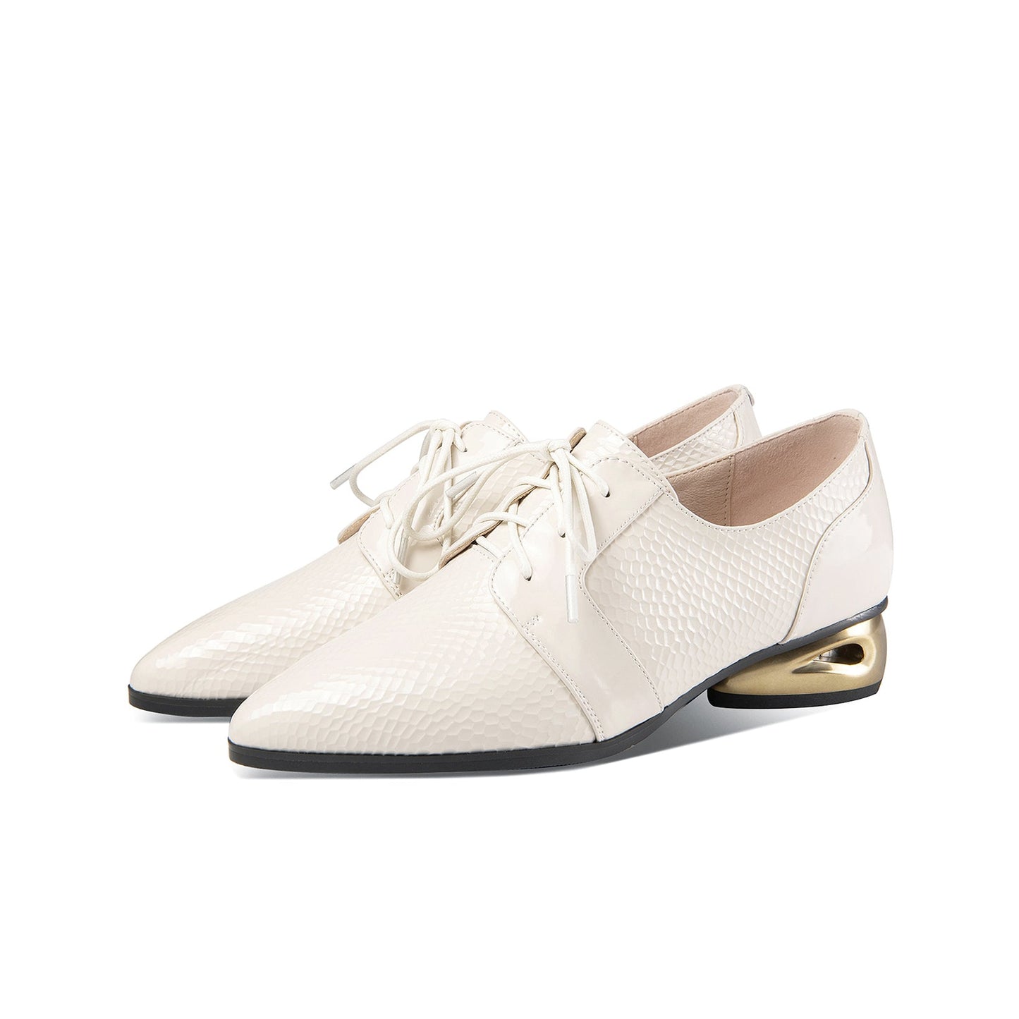 Nine Seven Women's Patent Leather Handmade Pointed Toe Low Golden Chunky Heel Lace Up Scale Classic Pumps