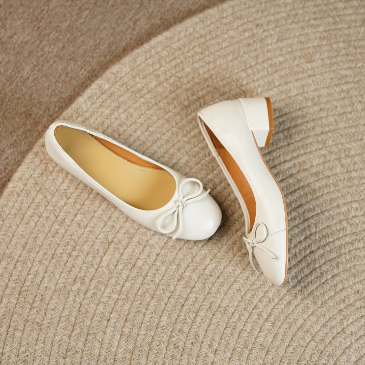 Nine Seven Women's Genuine Leather Handmade Cute Bow Knot Slip On Round Toe Low Chunky Heel Ballet Pumps