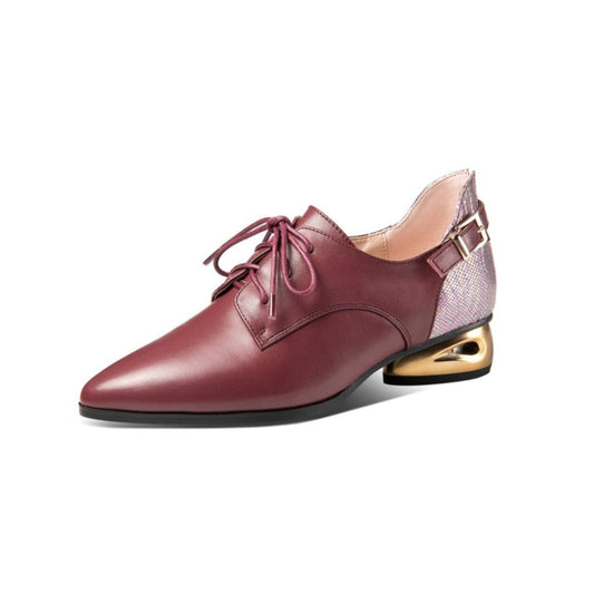 Nine Seven Women's Genuine Leather Handmade Comfortable Low Golden Block Heel Pointed Toe Lace Up Oxford Pumps with Buckle Decor