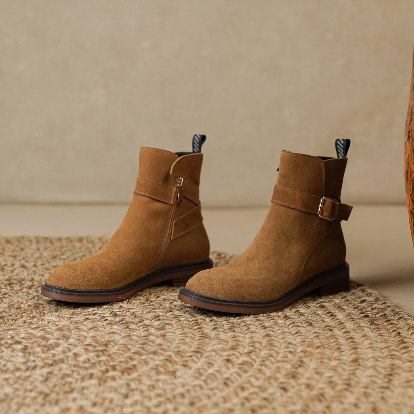 Nine Seven Handmade Women's Suede Leather Buckle Round Toe Low Chunky Heel Side Zipper Ankle Boots Shoes