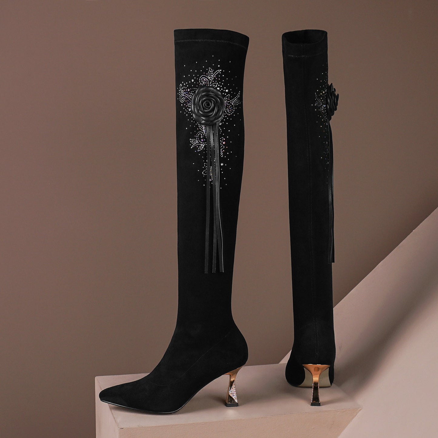 Nine Seven Women's Handmade Suede Leather Pointed Toe Sexy High Heel Stretch Slip On Black Over the Knee High Boots with Floral Tassel