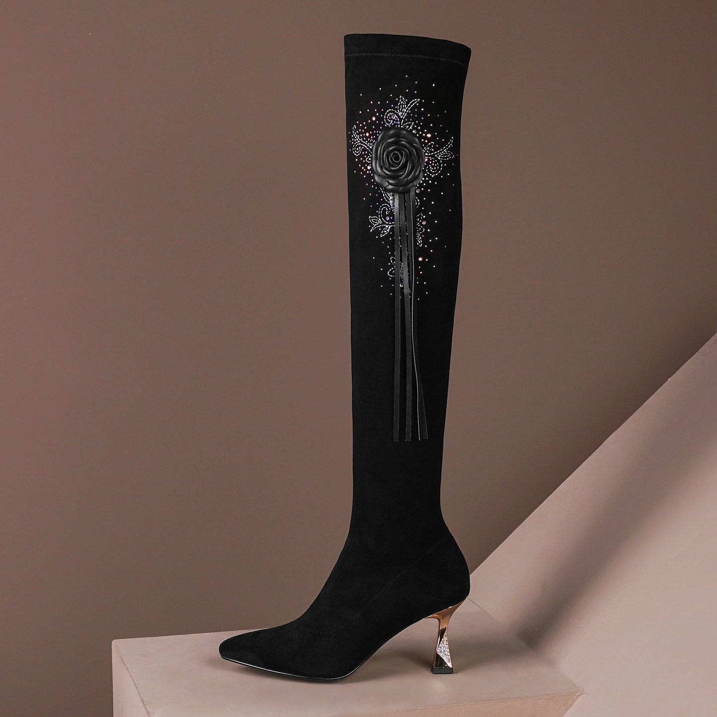 Nine Seven Women's Handmade Suede Leather Pointed Toe Sexy High Heel Stretch Slip On Black Over the Knee High Boots with Floral Tassel