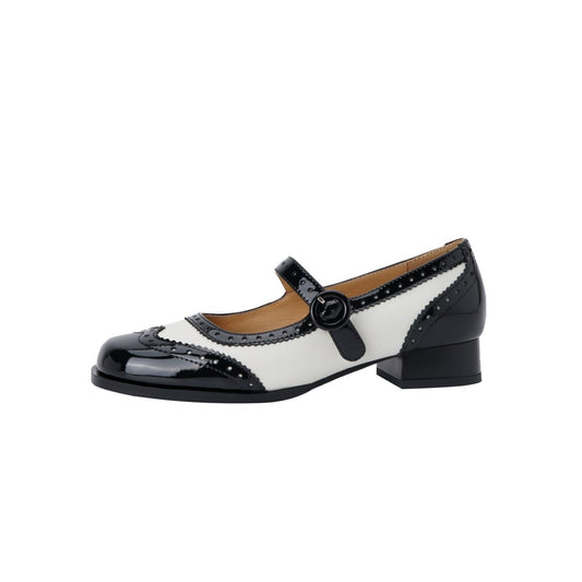 Nine Seven Women's Patent Leather Handmade Lace Buckle Round Toe Low Block Heel Mary Jane Flats Shoes