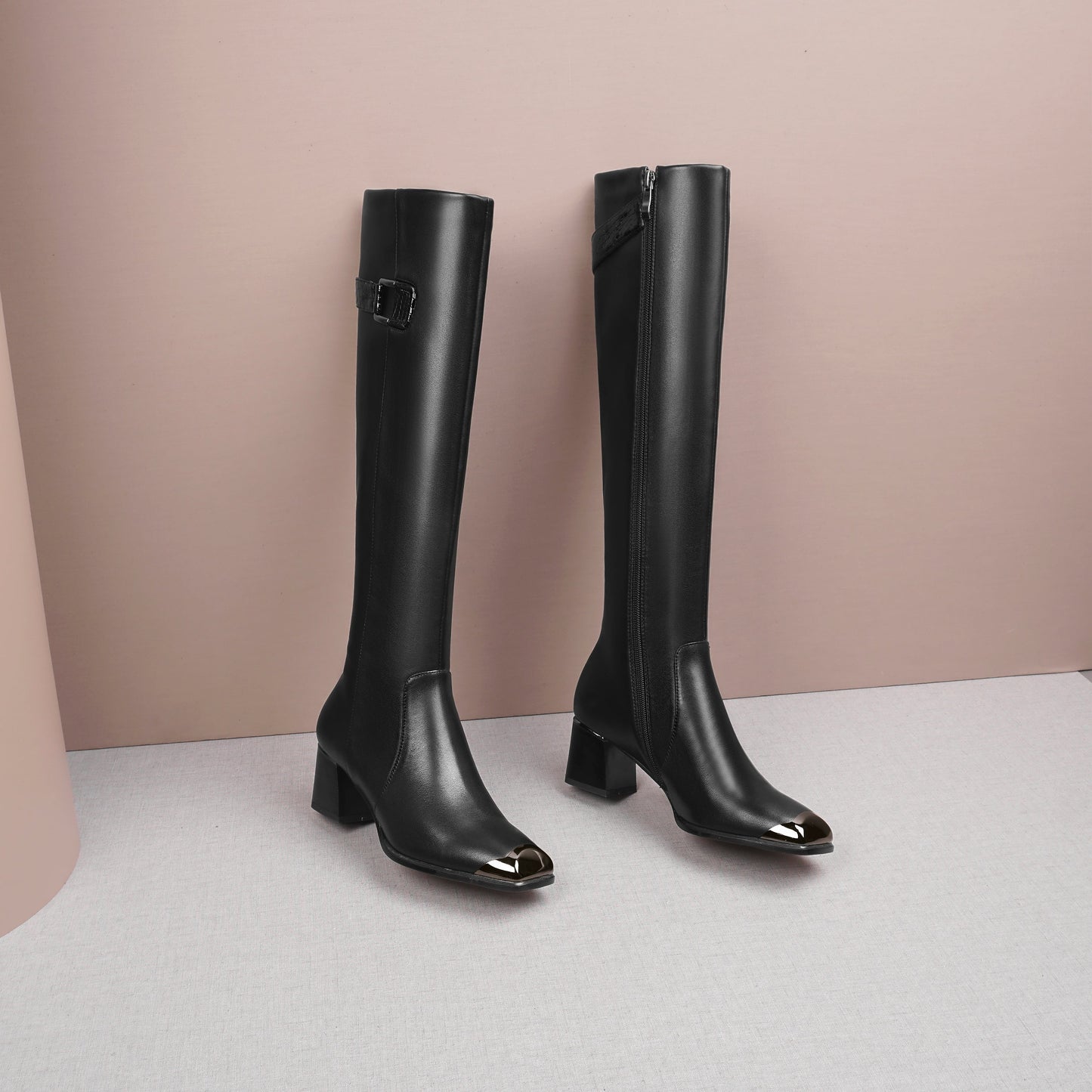 Nine Seven Handmade Women's Genuine Leather Square Toe Mid Chunky Heel Side Zip Up Black Knee High Boots with Buckle Decor