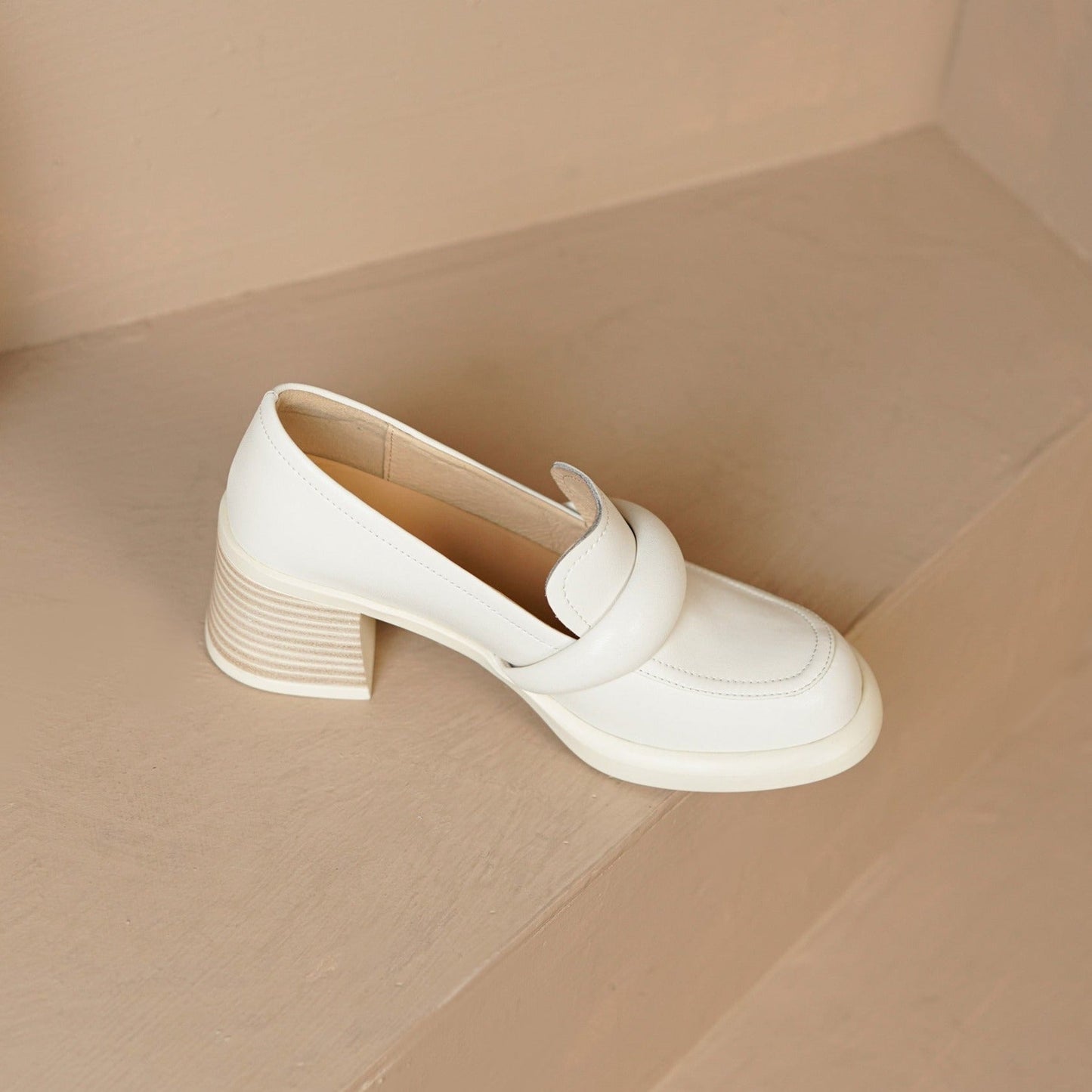 Nine Seven Handmade Women's Genuine Leather Slip On Round Toe Mid Chunky Heel Casual Loafer Pumps Shoes