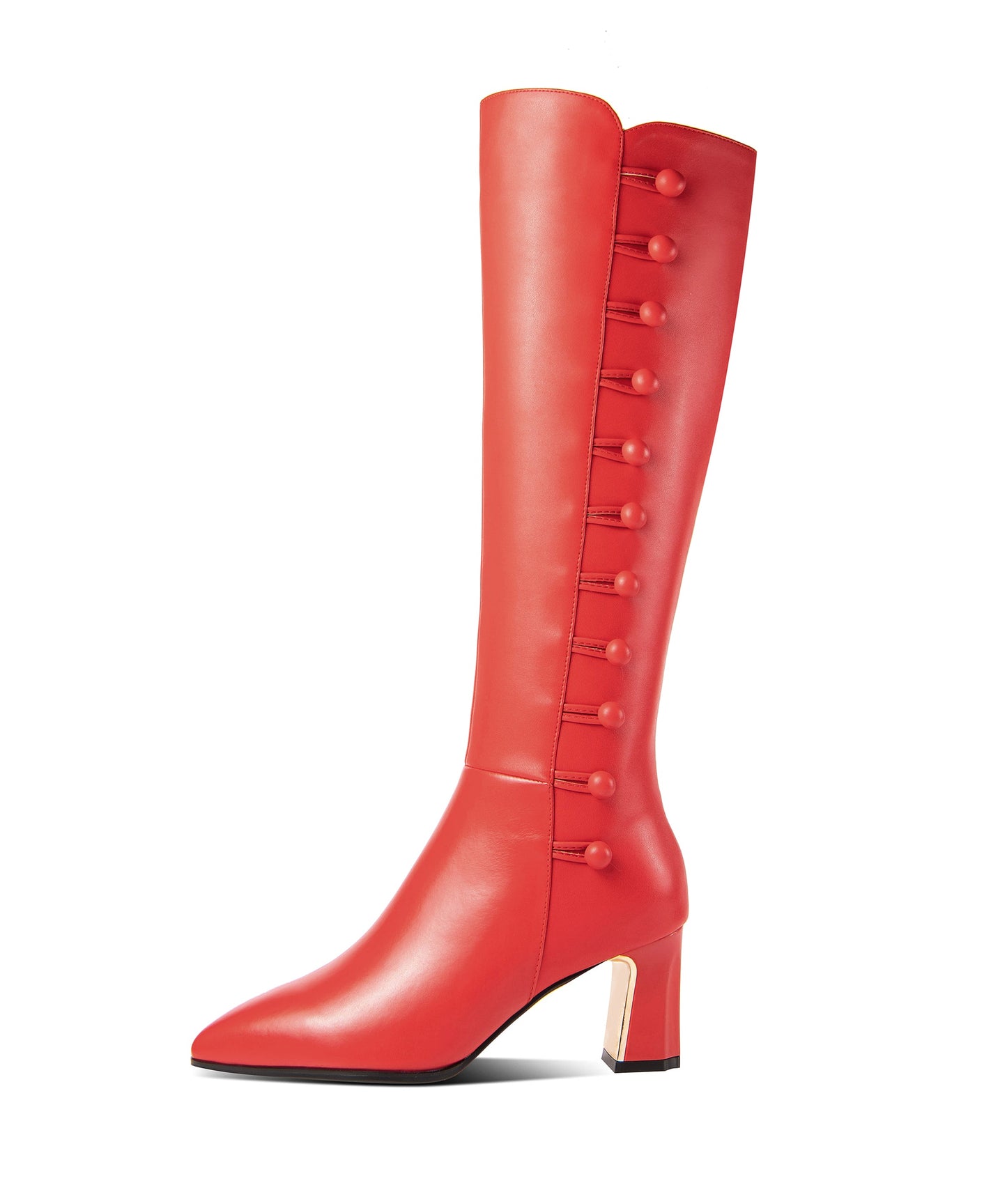 Nine Seven Women's Genuine Leather Handmade Side Zip Up Pointed Toe Mid Chunky Heel Modern Knee High Boots with Buttons Decor