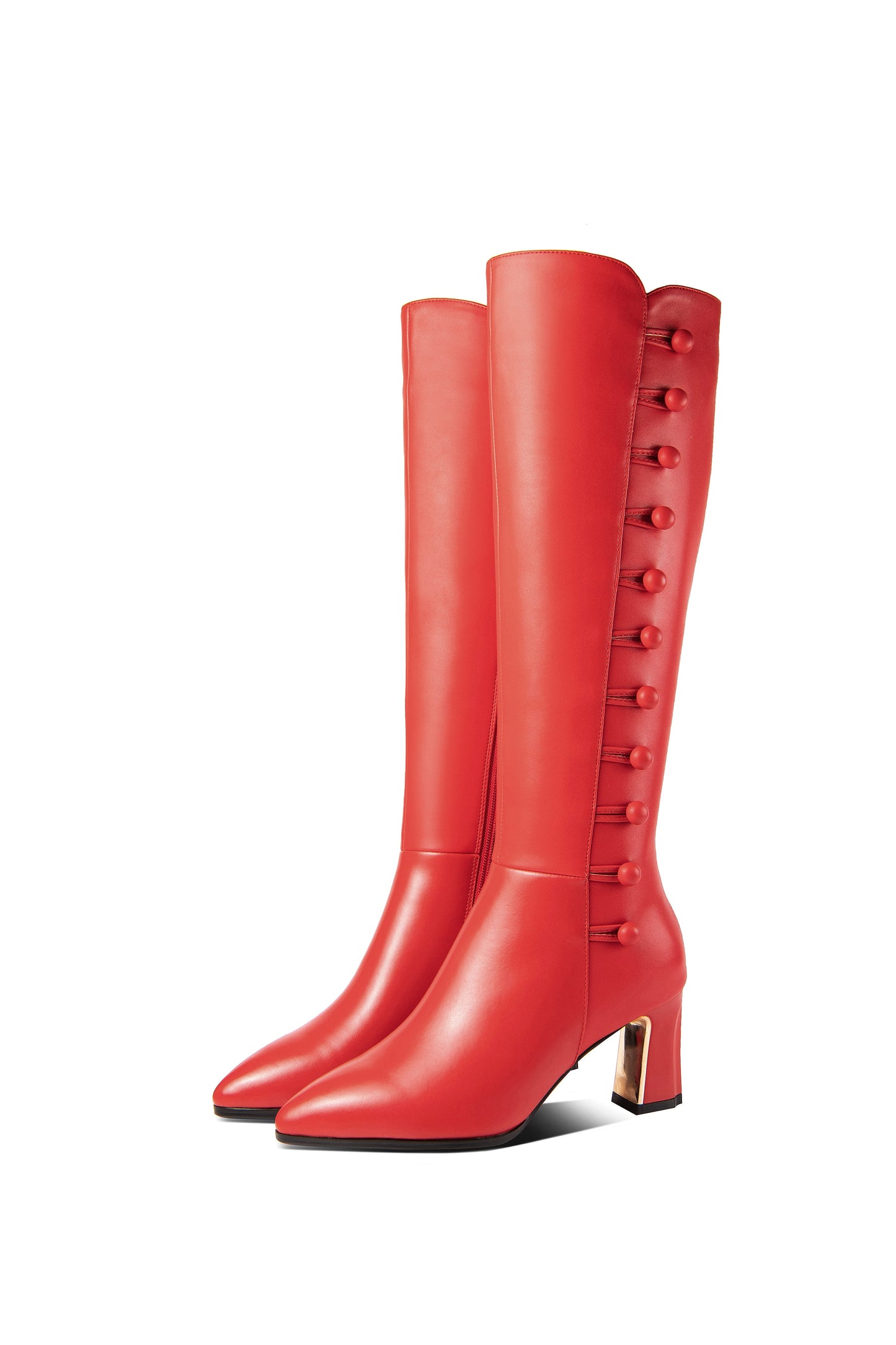 Nine Seven Women's Genuine Leather Handmade Side Zip Up Pointed Toe Mid Chunky Heel Modern Knee High Boots with Buttons Decor