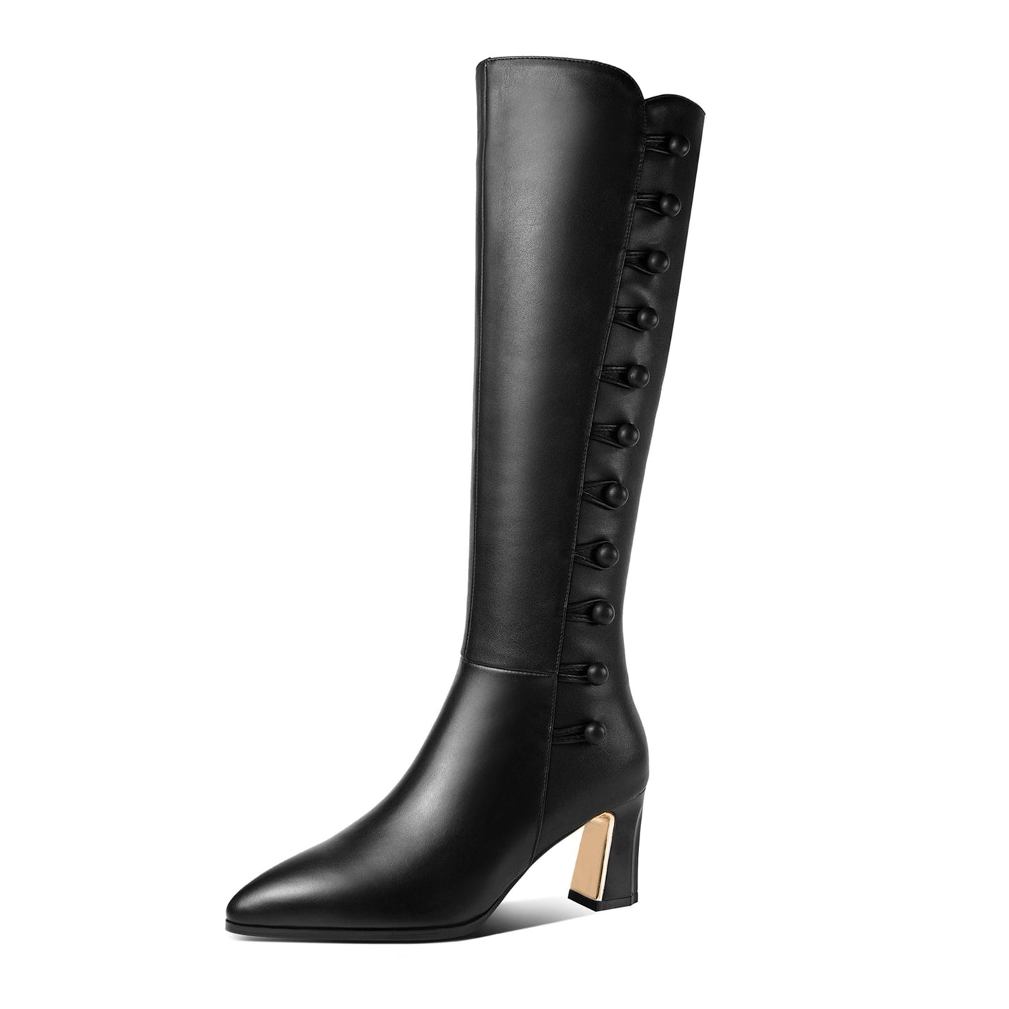 Nine Seven Women's Genuine Leather Handmade Side Zip Up Pointed Toe Mid Chunky Heel Modern Knee High Boots with Buttons Decor