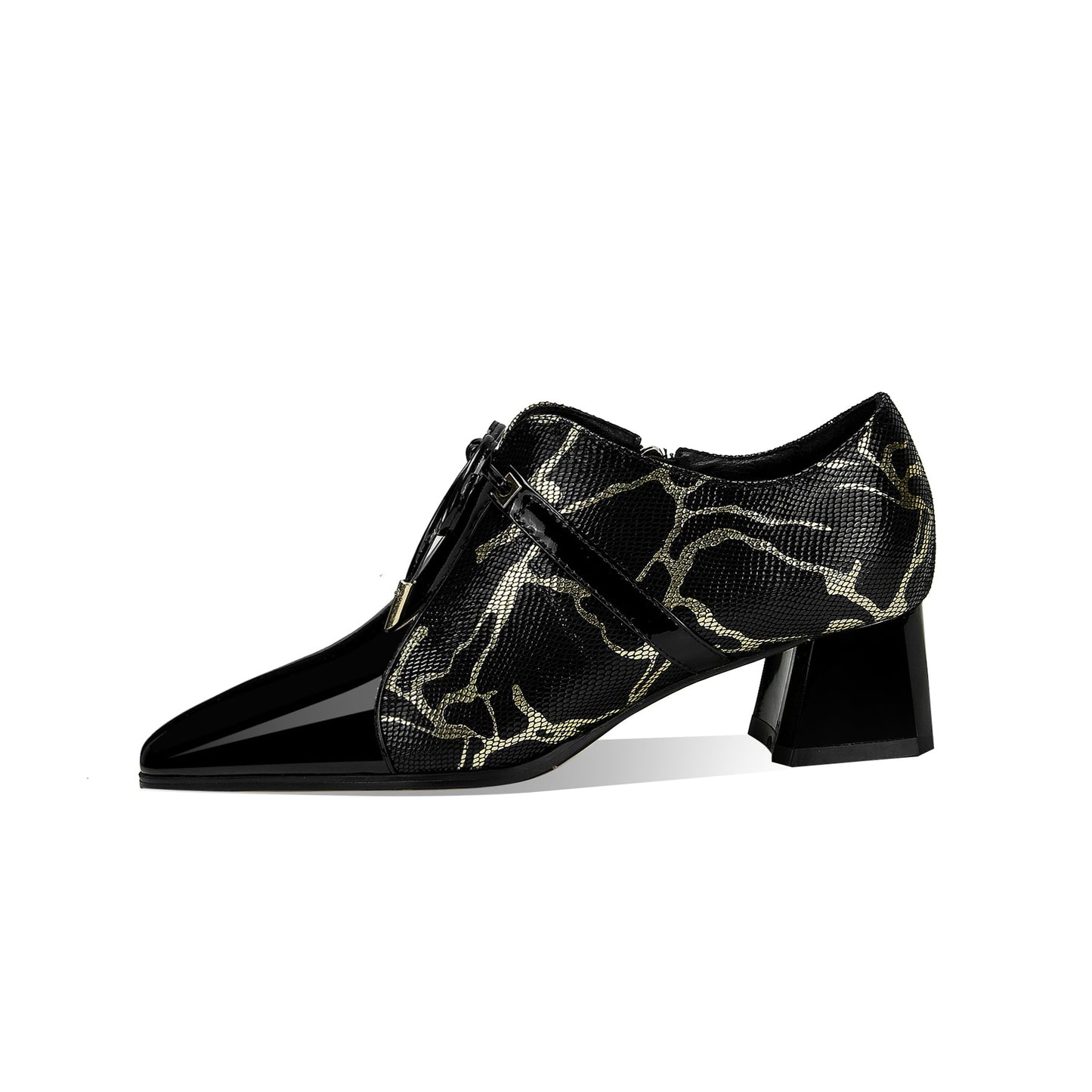 Nine Seven Women's Genuine Leather Pointed Toe Handmade Zipper Low Chunky Heels Cute Pumps Shoes