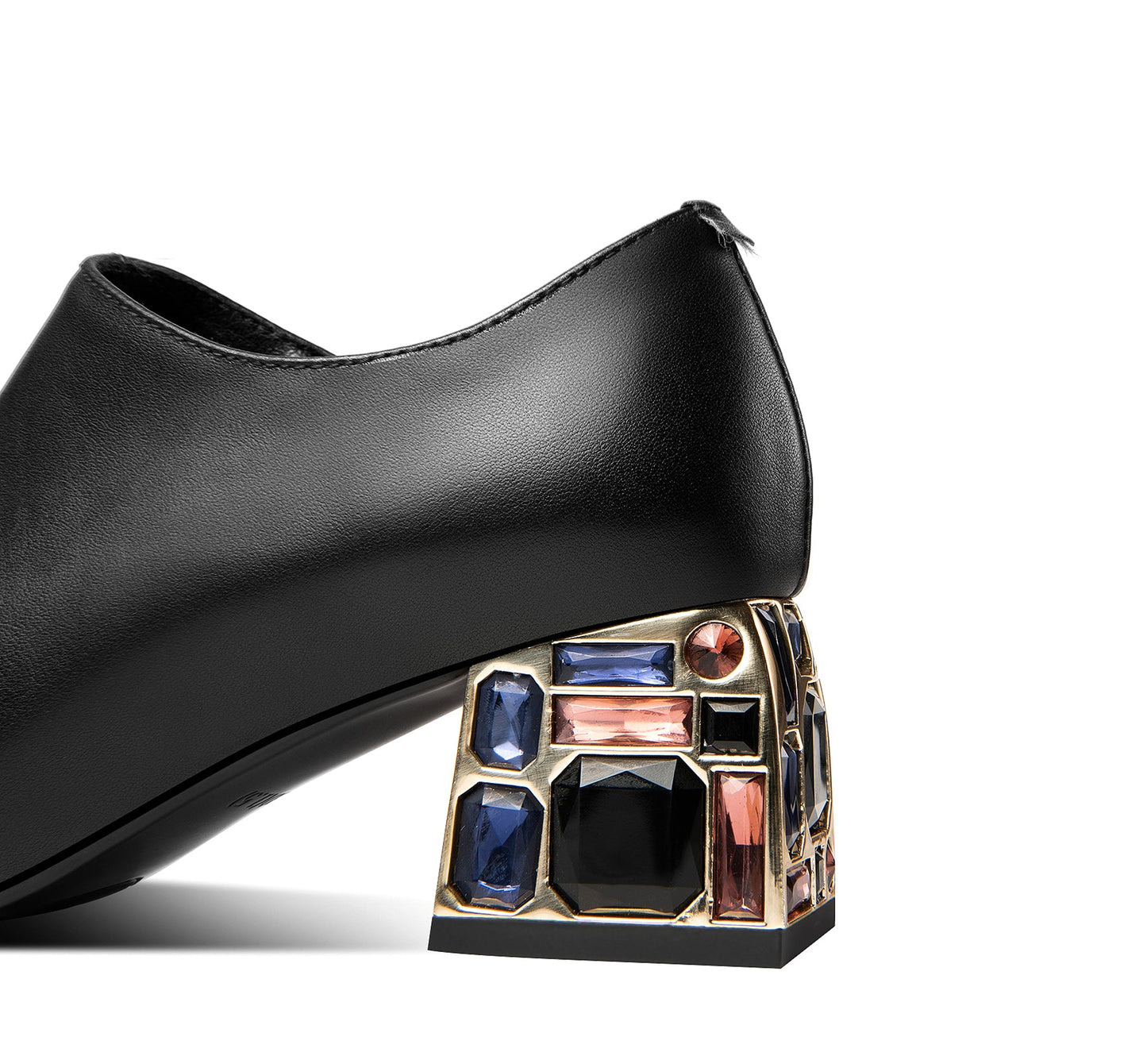 Nine Seven Genuine Leather Women's Handmade Square Toe Chic Zip Up Mid Chunky Heel Pump Shoes with Sequin and Crystal