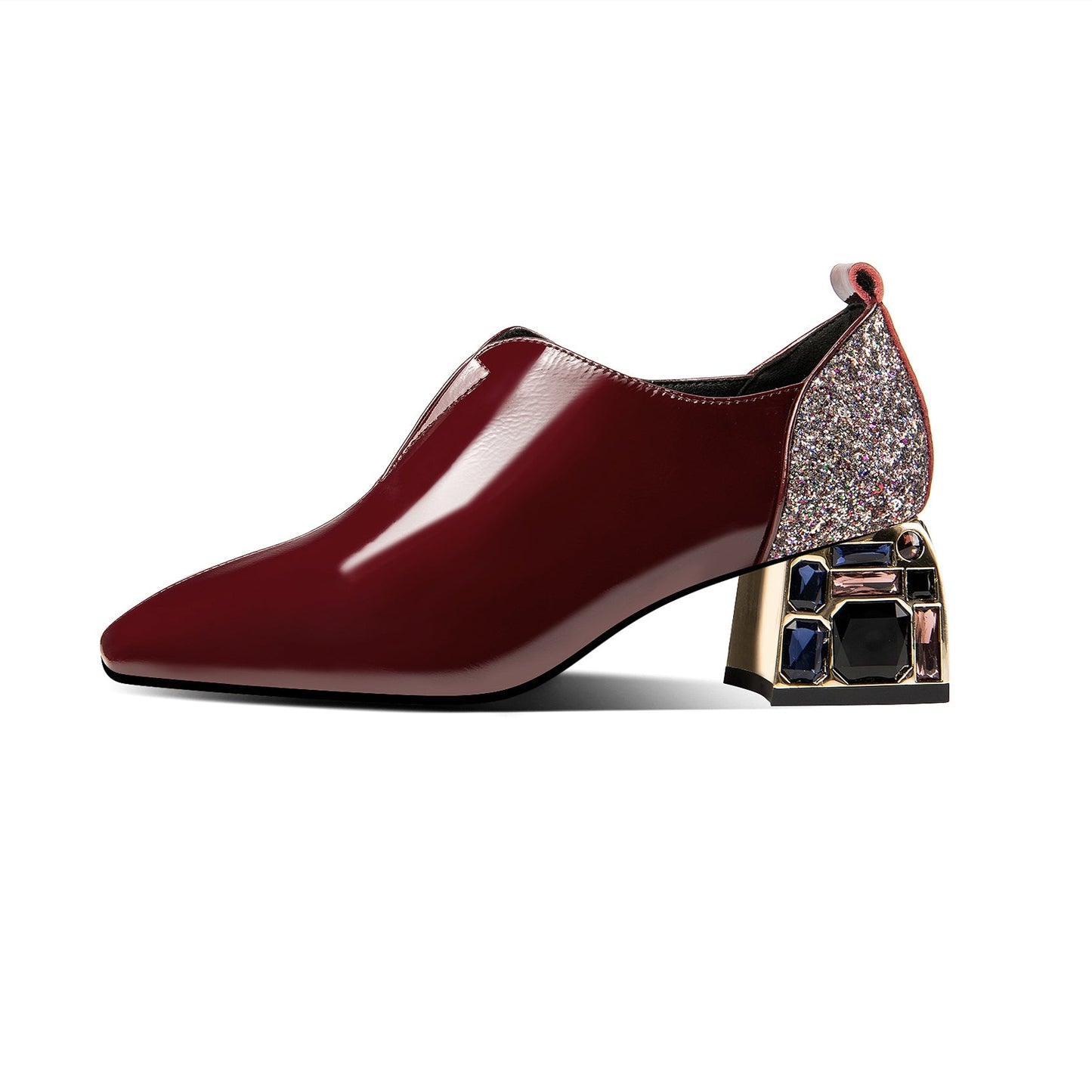 Nine Seven Patent Leather Women's Handmade Classic Square Toe Mid Chunky Heel Slip On Glitter Loafer Pump Shoes with Rhinestone