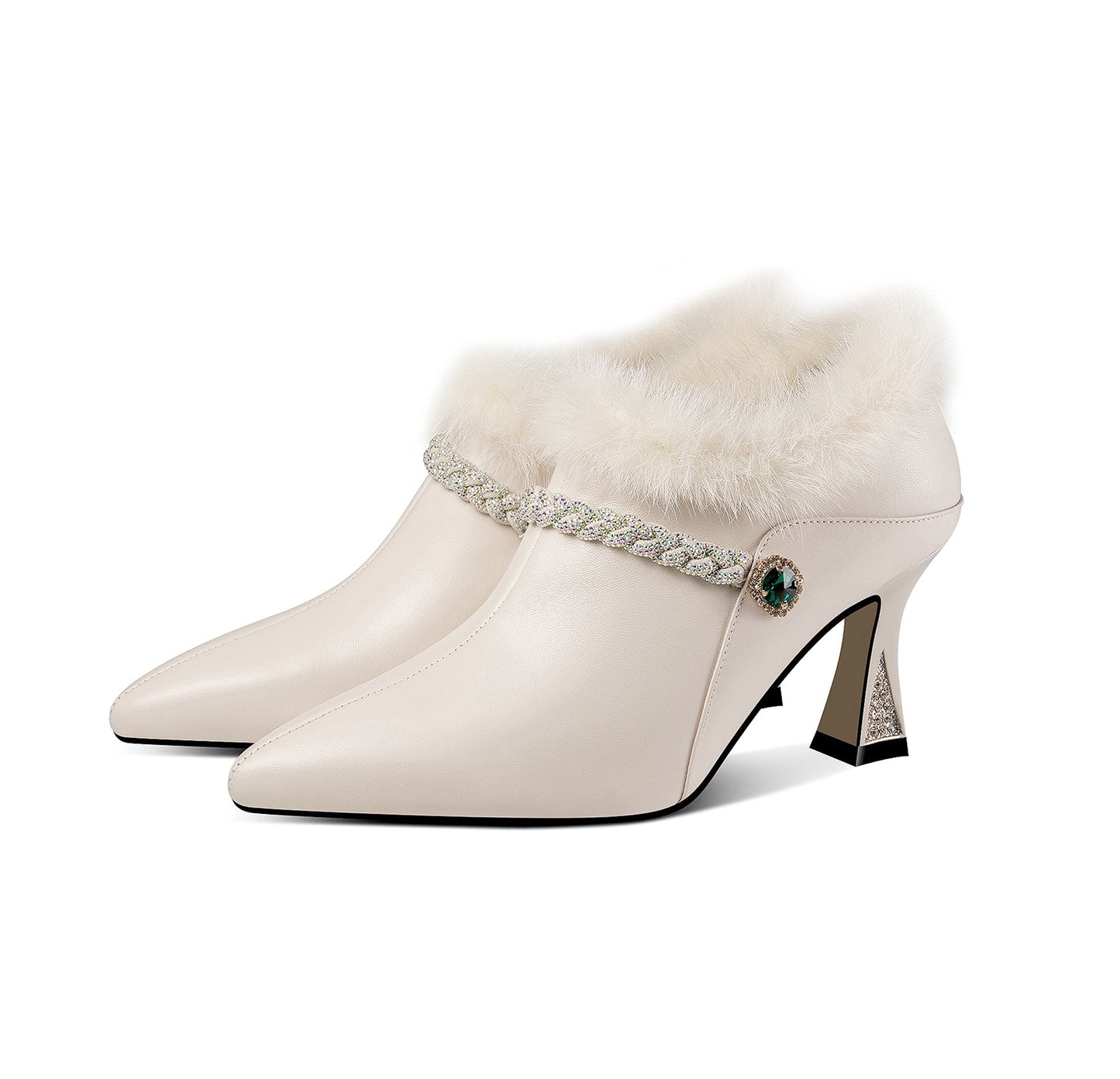 Nine Seven Women's Handmade Genuine Leather and Fur Side Zip Up High Heel Pointed Toe Oxford Pumps with Green Crystal Decor