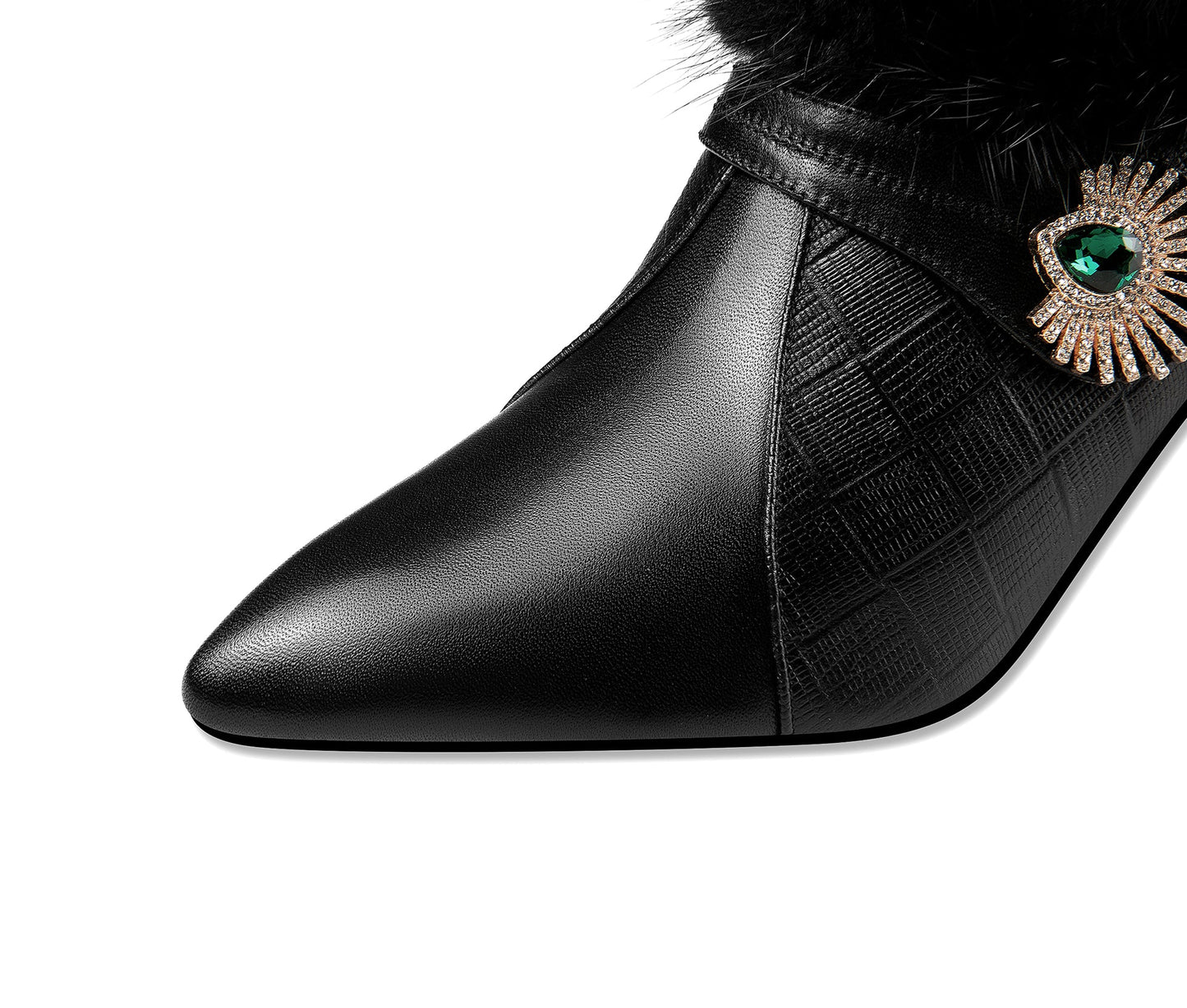 Nine Seven Women's Handmade Genuine Leather Comfortable Spool Heel Pointed Toe Side Zip Up Glitter Grystal Oxford Pumps with Warm Fur