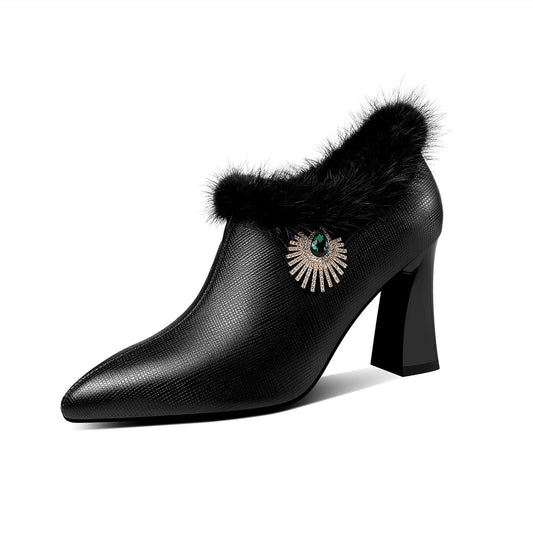 Nine Seven Women's Handmade Genuine Leather High Heel Side Zip Up Pointed Toe Fur and Rhinestone Decor Oxford Pump Shoes