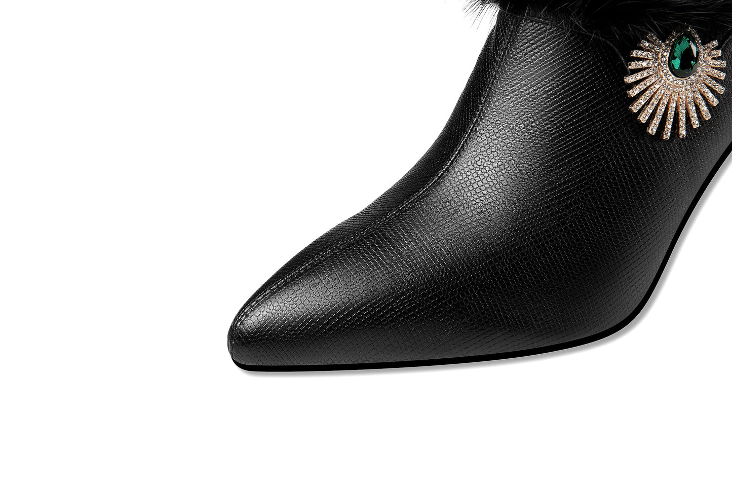 Nine Seven Women's Handmade Genuine Leather High Heel Side Zip Up Pointed Toe Fur and Rhinestone Decor Oxford Pump Shoes