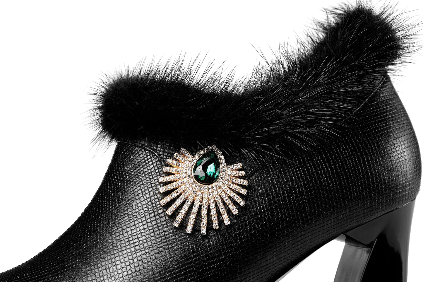 Nine Seven Women's Handmade Genuine Leather High Heel Side Zip Up Pointed Toe Fur and Rhinestone Decor Oxford Pump Shoes