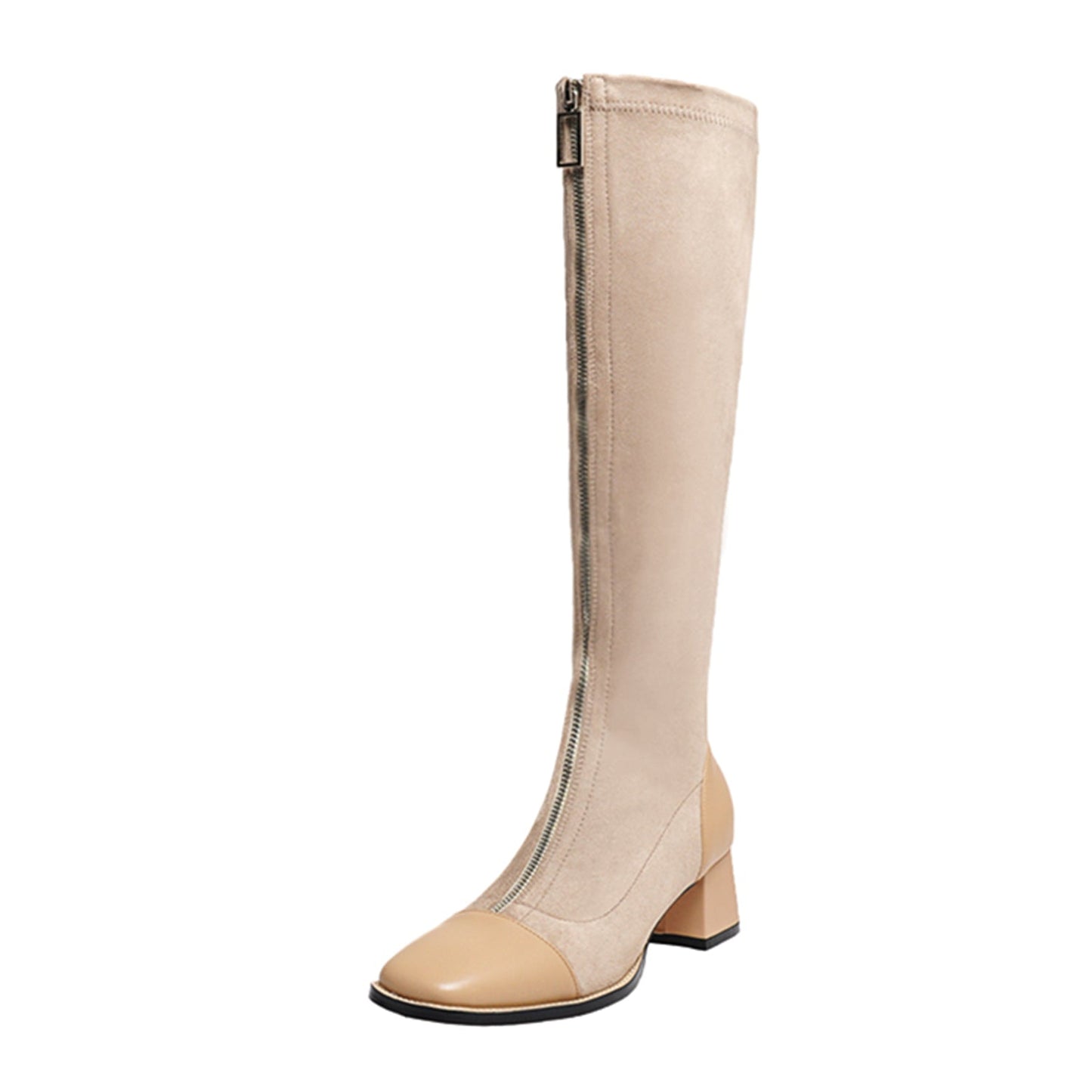 Nine Seven Women's Stretch Fabric Handmade Cap Toe Fashion Front Zipper Comfort Low Chunky Heel Knee High Boots