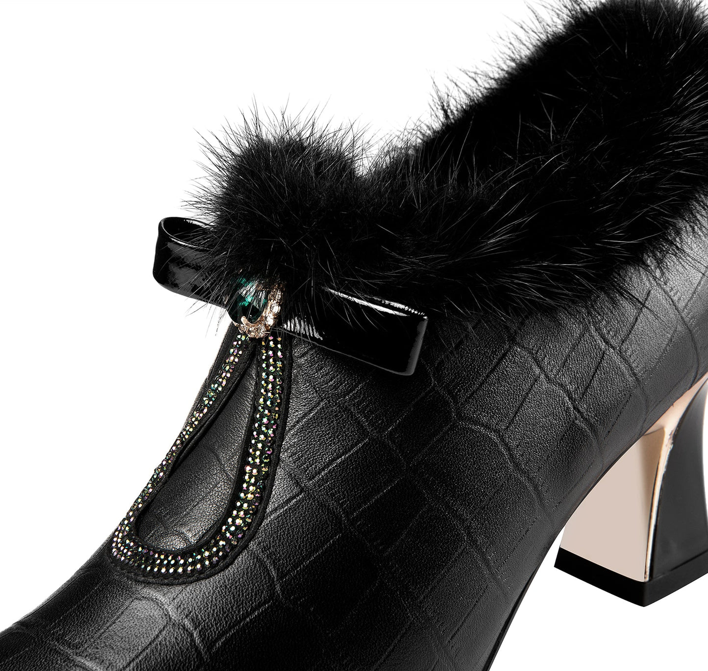 Nine Seven Genuine Leather Women's Handmade Elegant Mid Heel Side Zip Up Fur Decor Oxford Pumps with Boetie