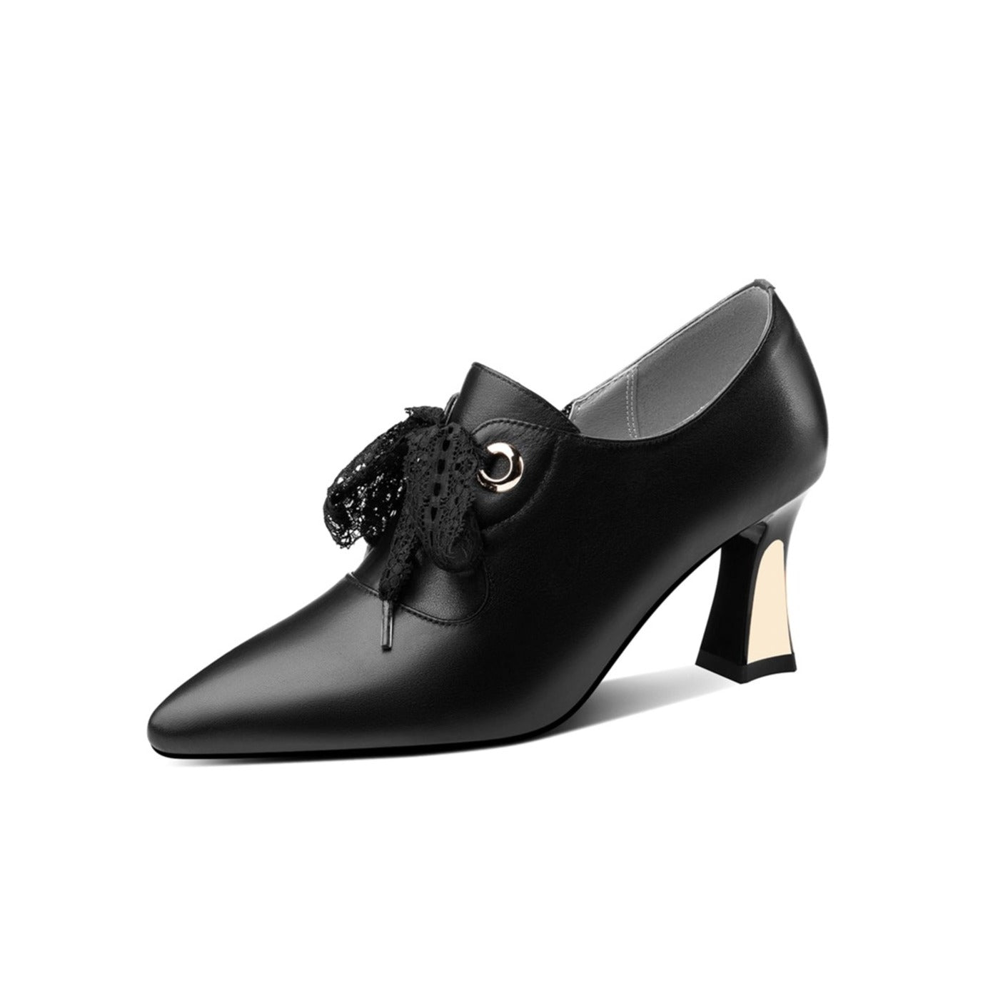 Nine Seven Genuine Leather Women's Handmade Pointed Toe Elegant Bowtie Spool Heel Pumps with Side Zipper