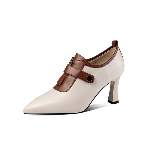 Nine Seven Women's Handmade Genuine Leather Sexy High Heel Pointed Toe Oxfords Pump Shoes with Front Zip and Button Decor