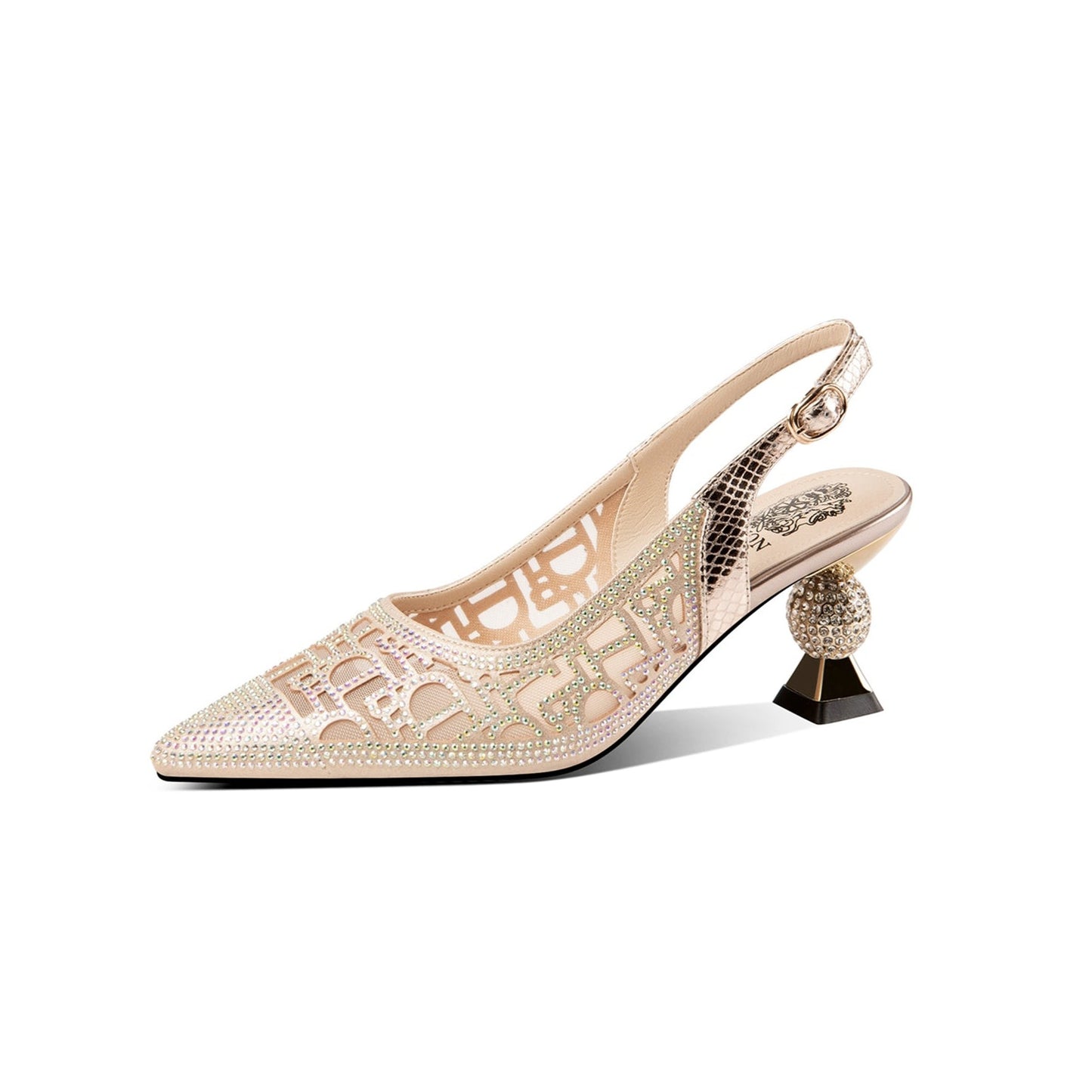 Nine Seven Leather Mesh Handmade Women's Pointed Toe  Mid Heel Buckle Rhinestone Slingback Sandal Shoes