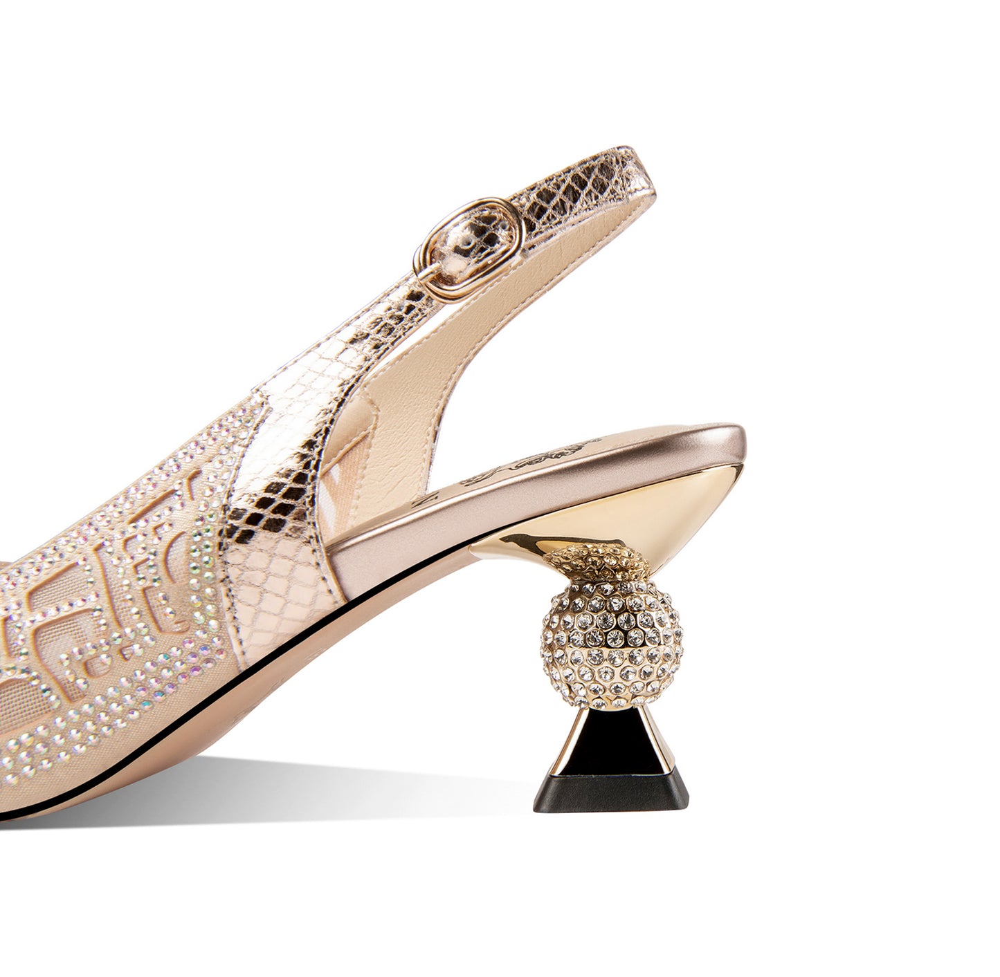 Nine Seven Leather Mesh Handmade Women's Pointed Toe  Mid Heel Buckle Rhinestone Slingback Sandal Shoes