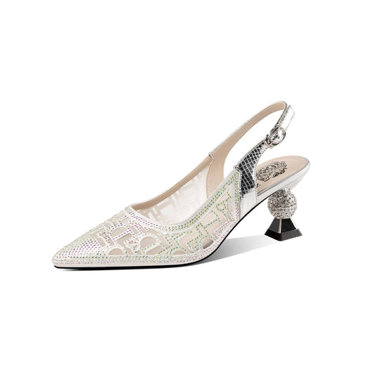 Nine Seven Leather Mesh Handmade Women's Pointed Toe  Mid Heel Buckle Rhinestone Slingback Sandal Shoes