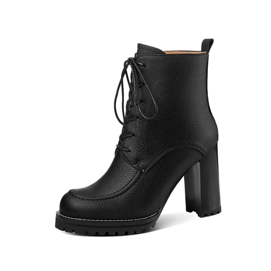 Nine Seven Women's Genuine Leather Handmade High Chunky Heel Round Toe Selftie Zip Up Ankle Boots