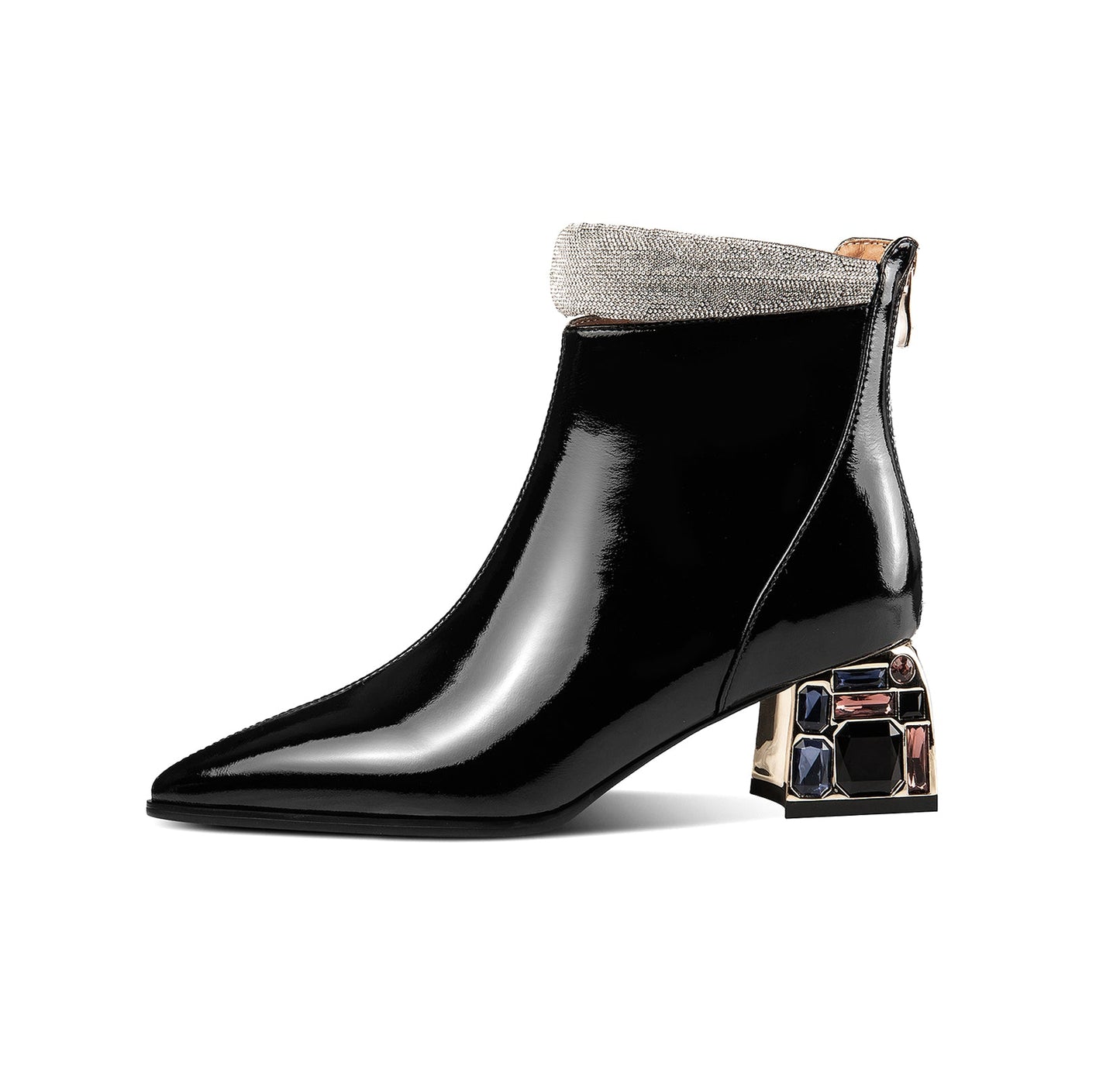 Nine Seven Patent Leather Women's Handmade Pointed Toe Crystal Chunky Heel Back Zip Up Ankle Booties