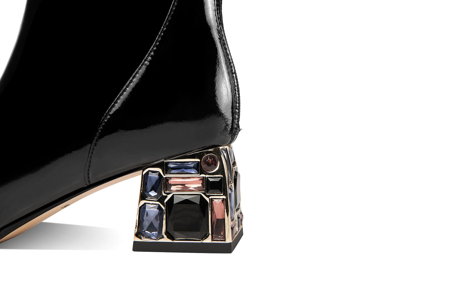 Nine Seven Patent Leather Women's Handmade Pointed Toe Crystal Chunky Heel Back Zip Up Ankle Booties