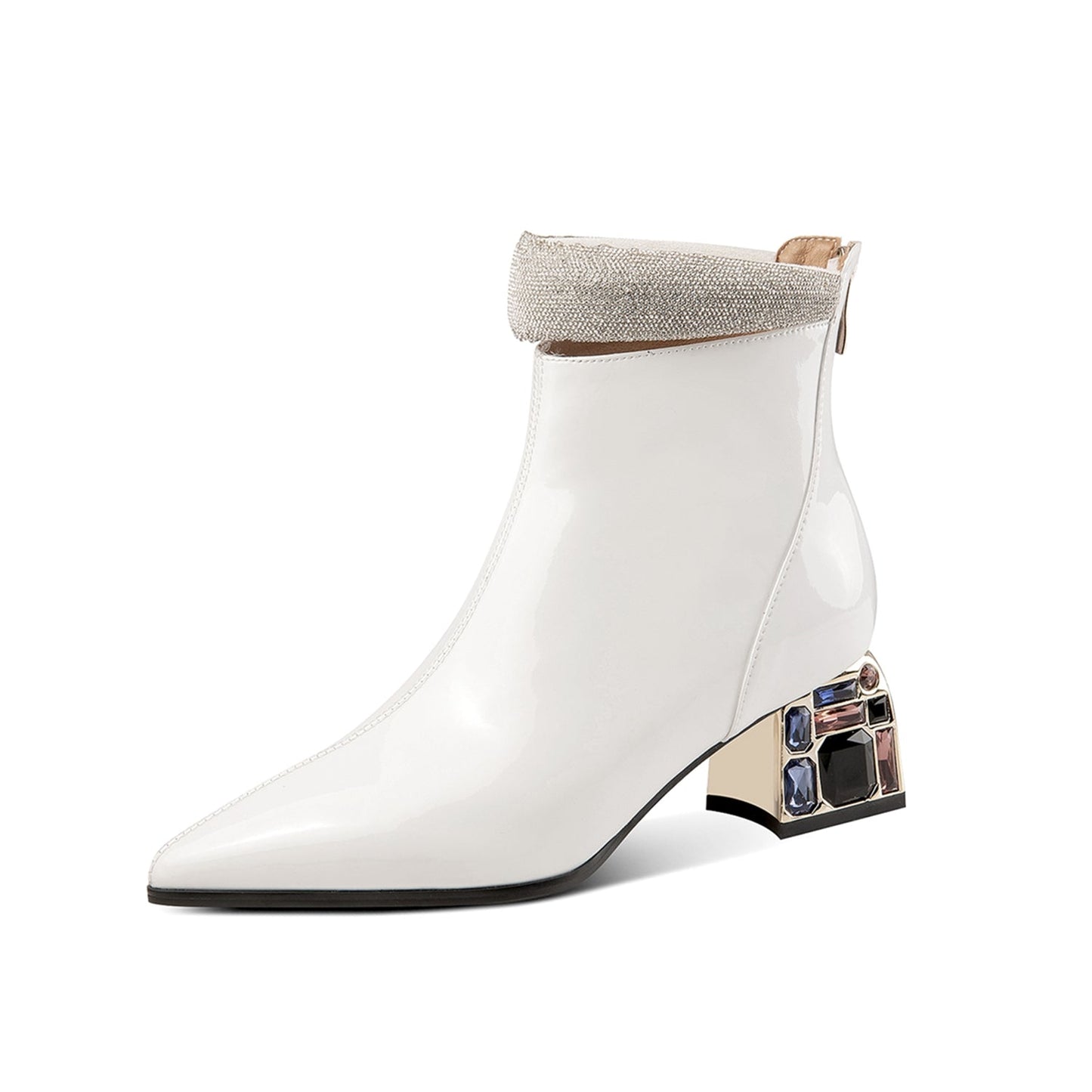 Nine Seven Patent Leather Women's Handmade Pointed Toe Crystal Chunky Heel Back Zip Up Ankle Booties