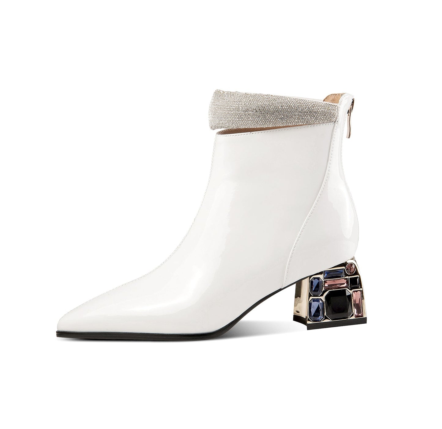 Nine Seven Patent Leather Women's Handmade Pointed Toe Crystal Chunky Heel Back Zip Up Ankle Booties