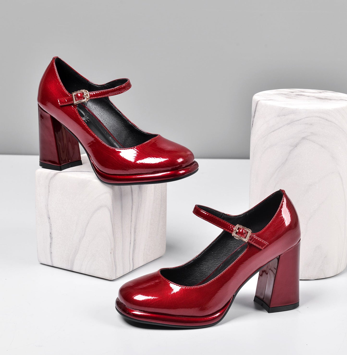 Nine Seven Women's Patent Leather Rouns Toe Handmade Buckle Belt High Chunky Heel Trendy Pumps Shoes