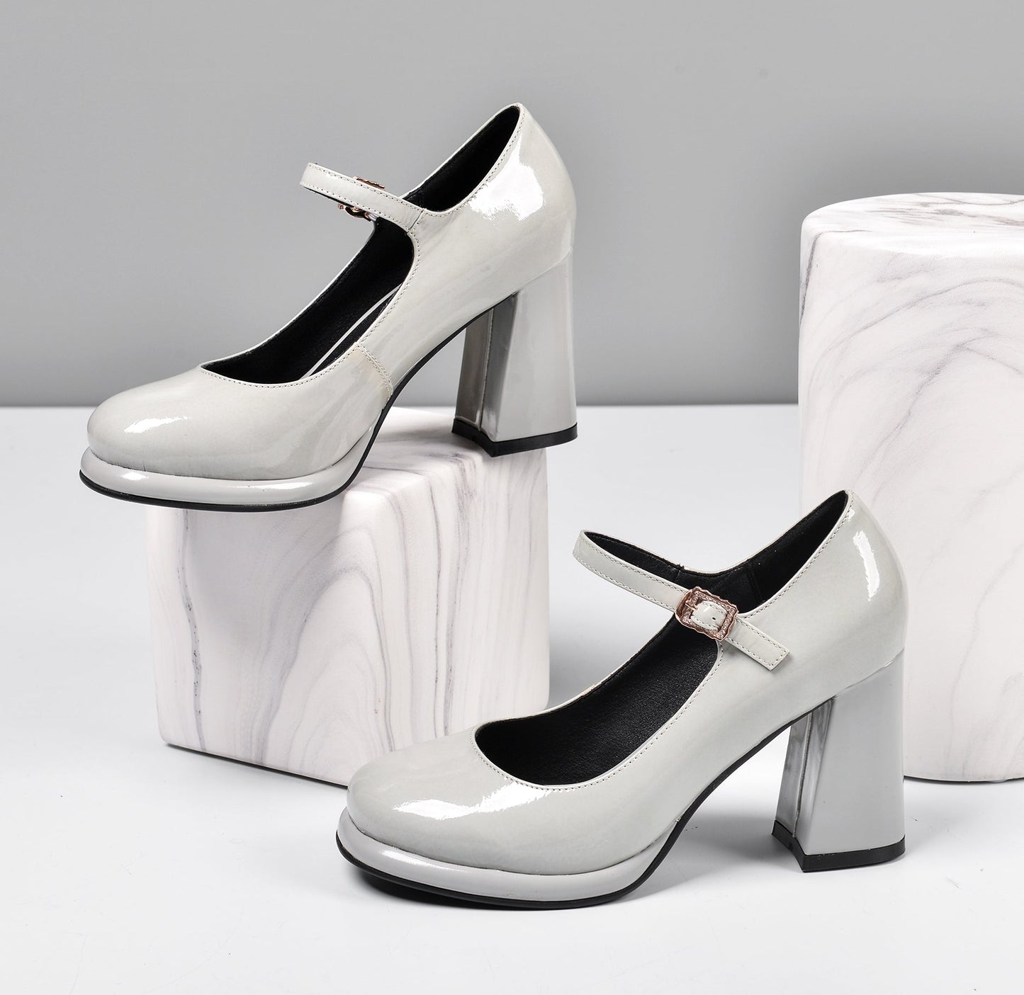 Nine Seven Women's Patent Leather Rouns Toe Handmade Buckle Belt High Chunky Heel Trendy Pumps Shoes