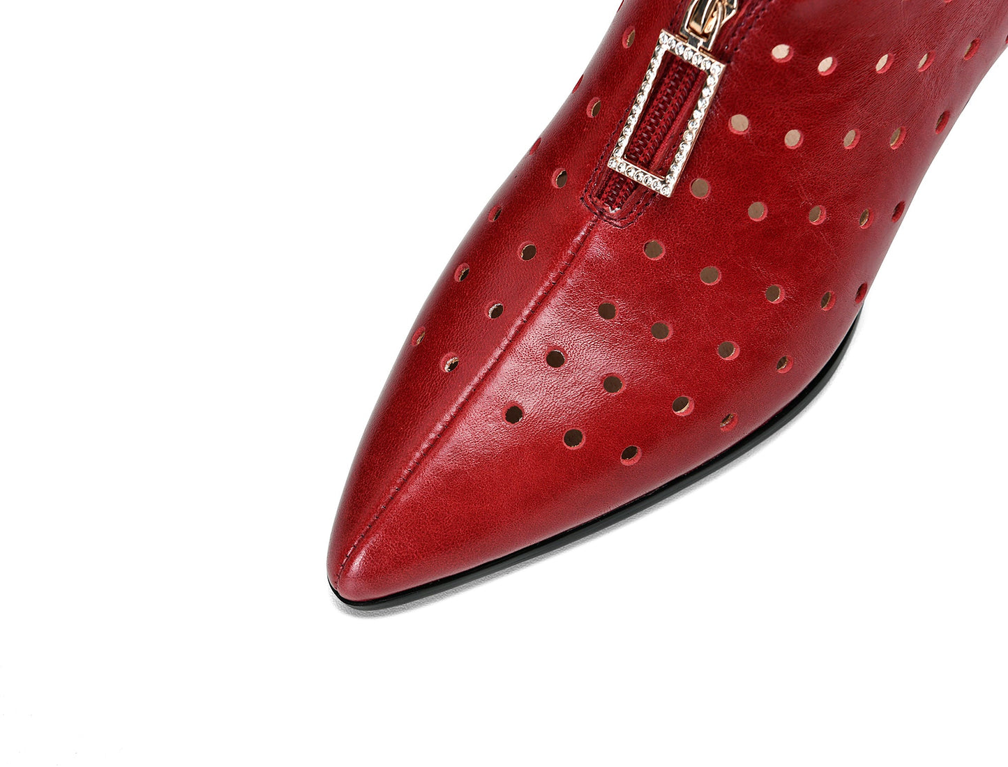 Nine Seven Women's Genuine Leather with Breathable Holes Handmade Front Zipper Low Chunky Heel Stylish Pumps Shoes