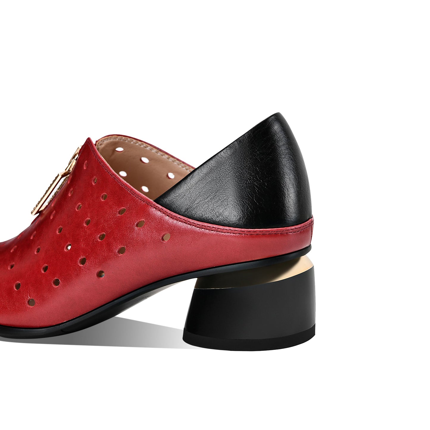 Nine Seven Women's Genuine Leather with Breathable Holes Handmade Front Zipper Low Chunky Heel Stylish Pumps Shoes