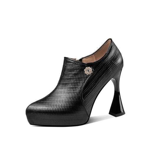 Nine Seven Pointed Toe Handmade Women's Genuine Leather High Spool Heel Side Zip Platform Pumps