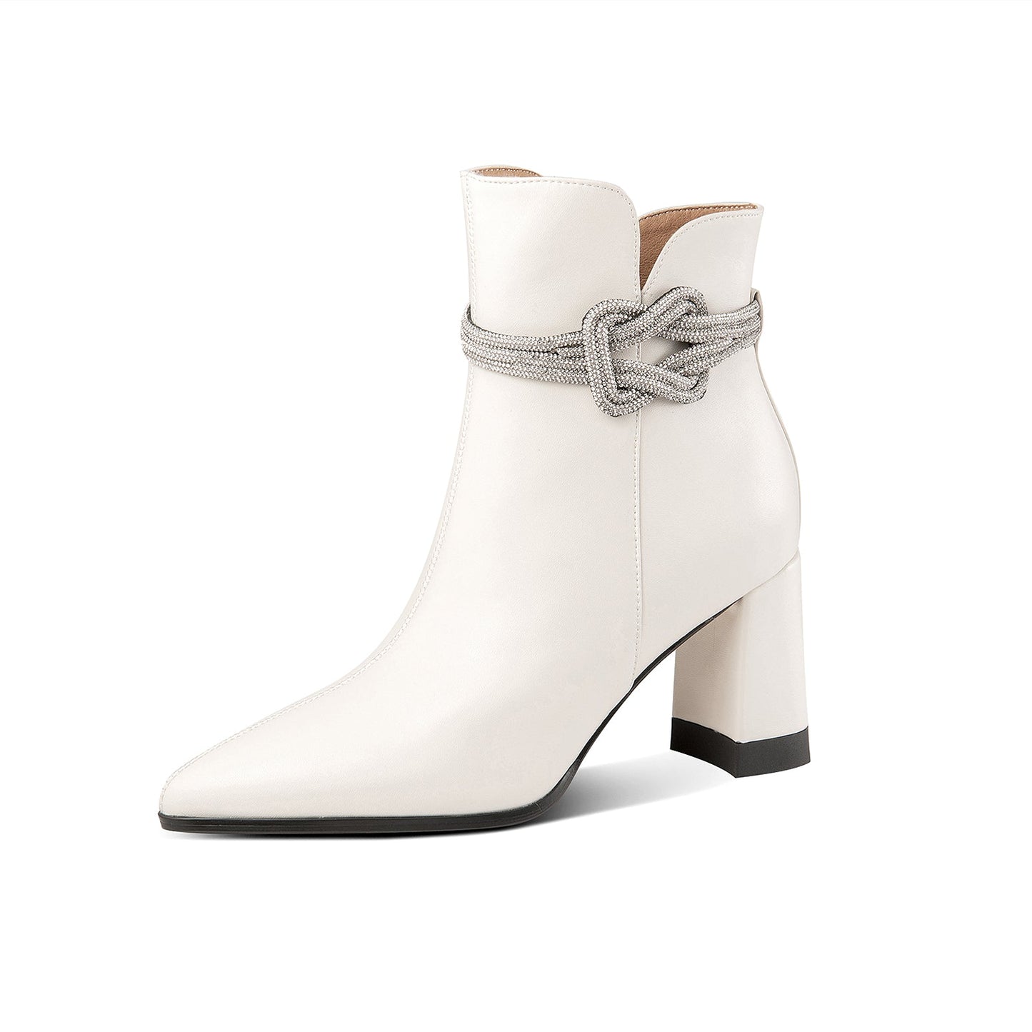 Nine Seven Genuine Leather Women's Handmade Side Zipper Pointed Toe Chunky Heel Ankle Boots