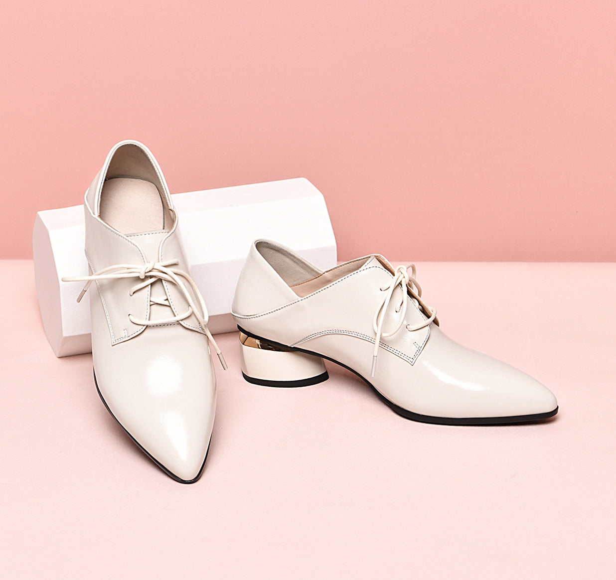 Nine Seven Women's Genuine Leather Pointed Toe Handmade Lace Up Low Chunky Heel Office Shoes