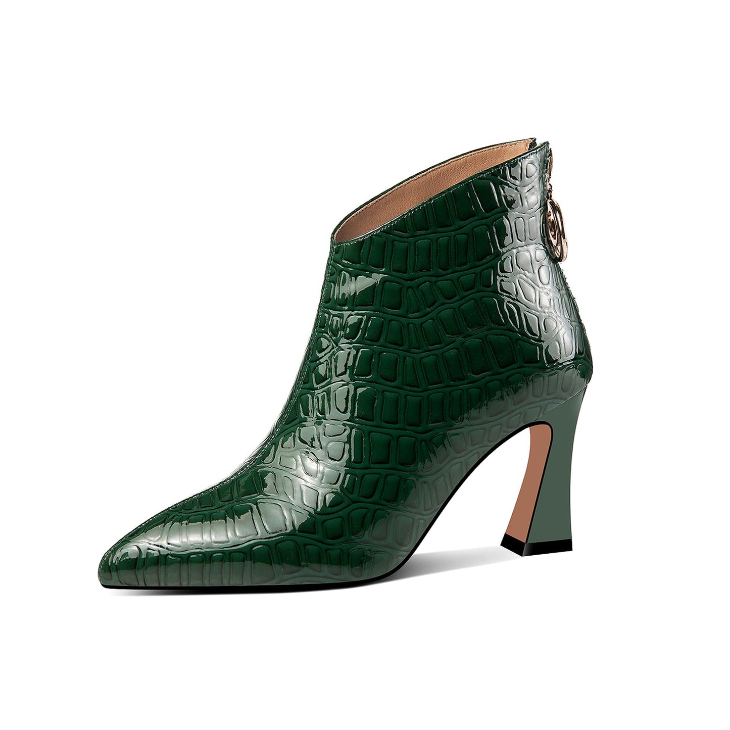 Nine Seven Patent Leather Women's Handmade Pointed Toe High Spool Heel Ring Zip Puller Ankle Boots