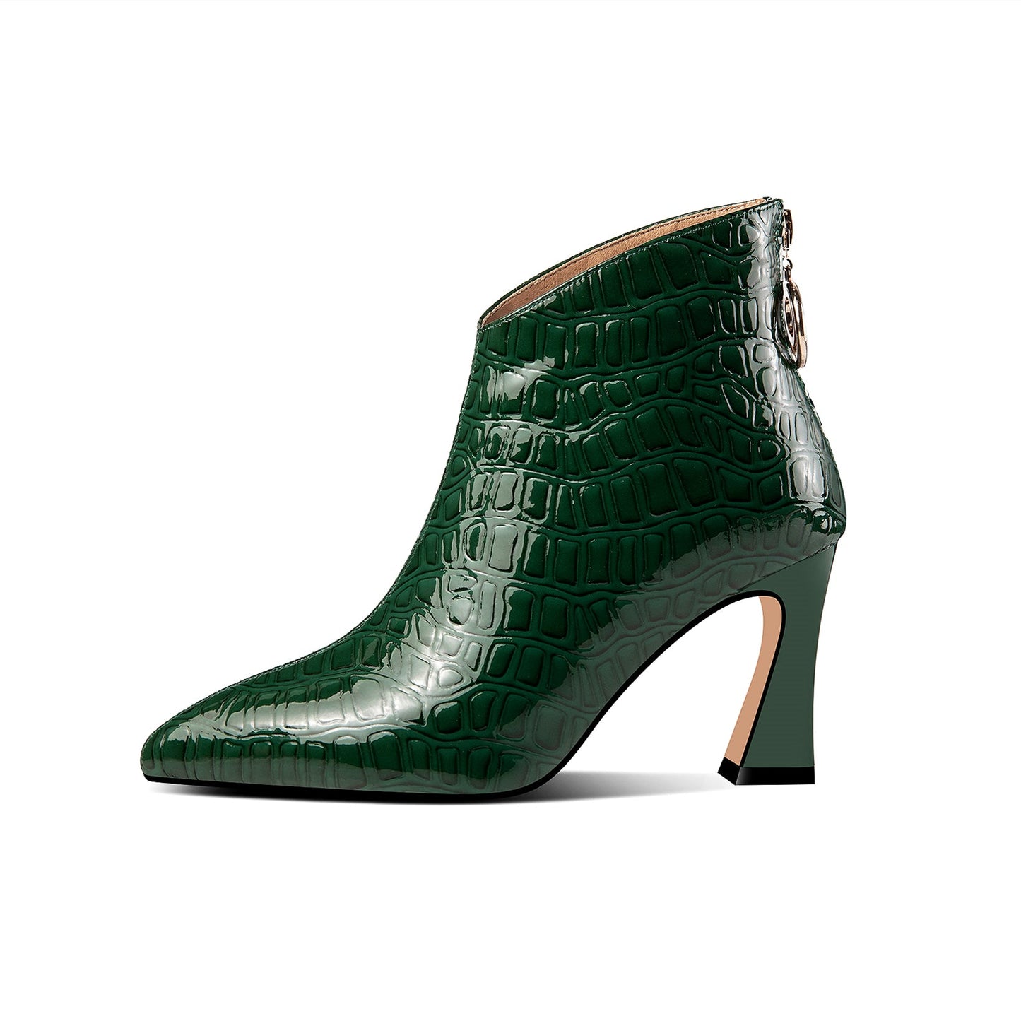 Nine Seven Patent Leather Women's Handmade Pointed Toe High Spool Heel Ring Zip Puller Ankle Boots