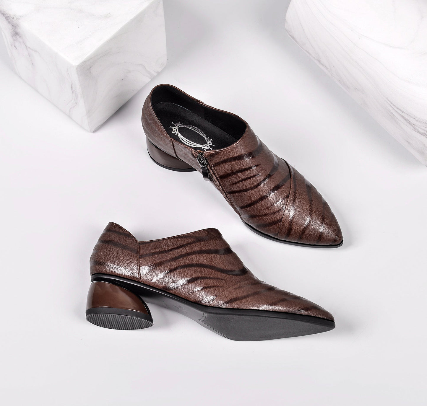 Nine Seven Women's Printed Genuine Leather Handmade Pointed Toe Side Zipper Casual Pumps Shoes with Low Heels