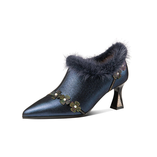 Nine Seven Handmade Women's Genuine Leather Furry Floral Side Zip Pointed Toe Mid Spool Rhinestone Heel Pumps