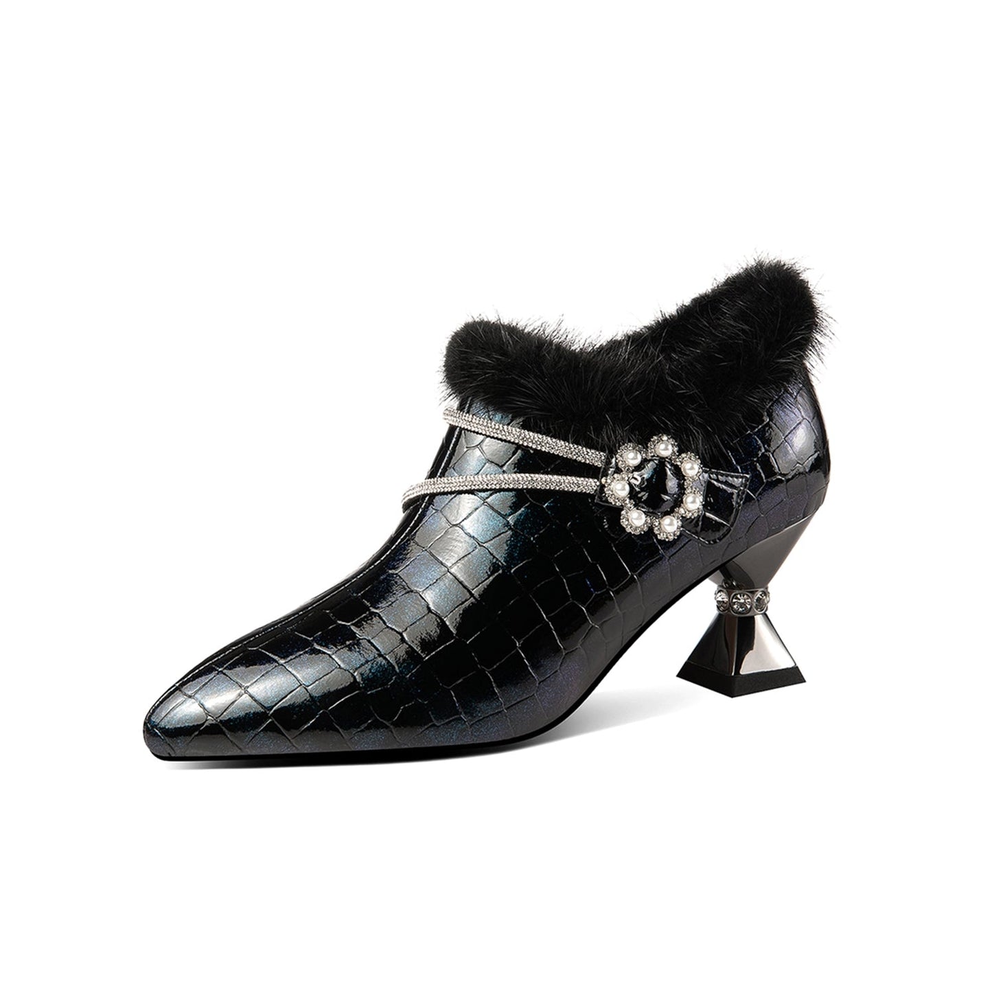 Nine Seven Handmade Women's Patent Leather Furry Rhinestone Floral Side Zip Pointed Toe Mid Spool Heel Pumps